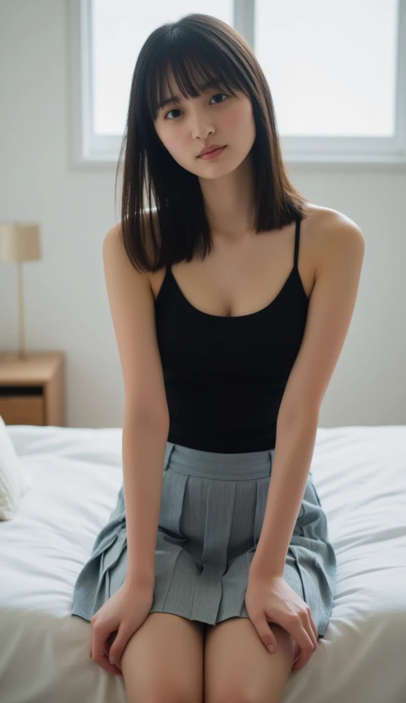 One girl,Midsummer,Inside the room,Bed,Down to the feet,Black Hair,short hair,Put your hair on your ears,Navy blue tank top,skirt,A big smile,6th grade elementary school,Healthy Beauty,,front,Small bulging lines on the chest,Look here,transparent, Soft Light,(masterpiece, Highest quality), Structure of the film, Like a movie