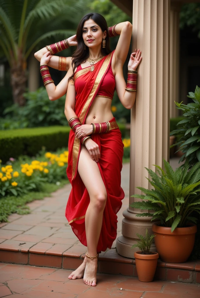 A beautiful sexy girl, beautiful eyes, sharp focus,correcting the saree, background old Indian ancient temple, beautiful rainbow,full body sweat,thick small eyebrows , beautiful eyelashes,happy face, pretty,Indian outfit,traditional blouse,wearing full red saree,Indian lifestyle,Indian silk saree,mouth open, smiling, shiny earings, wearing bracelet,necklace,18 years old,a thick bulge on face,curvy body, navel, perfect body, beautiful brown eyes, cute, beautiful body,long brown hairs,full body portraits,high quality, high clarity, ultra high quality, high definition, high detail, beautiful detailed, fine detailed, extremely detailed,ultra high definition, realistic representation of a face,8k resolution,best image quality, heaven, 4k, realistic