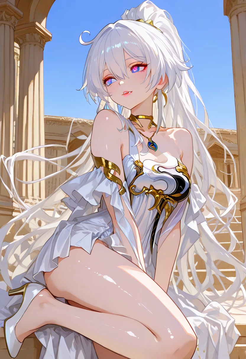 (((highest quality、Masterpiece、Normal body、8k、Detailed face、Ultra-precision、Normal hand、Normal finger、5Finger、Highest)))Beautiful girl with golden and silver hair、Small breasts、Princess、A gorgeous and sensual sheer dress、blush、Shy expression、Hot and sweaty from the aphrodisiac、My eyes are unfocused and form hearts、Sacrifice、Crucifixion、Chains around the neck、Hands outstretched and bound by chains、Legs spread and chained、Chained、restrained by chains、Bound in chains