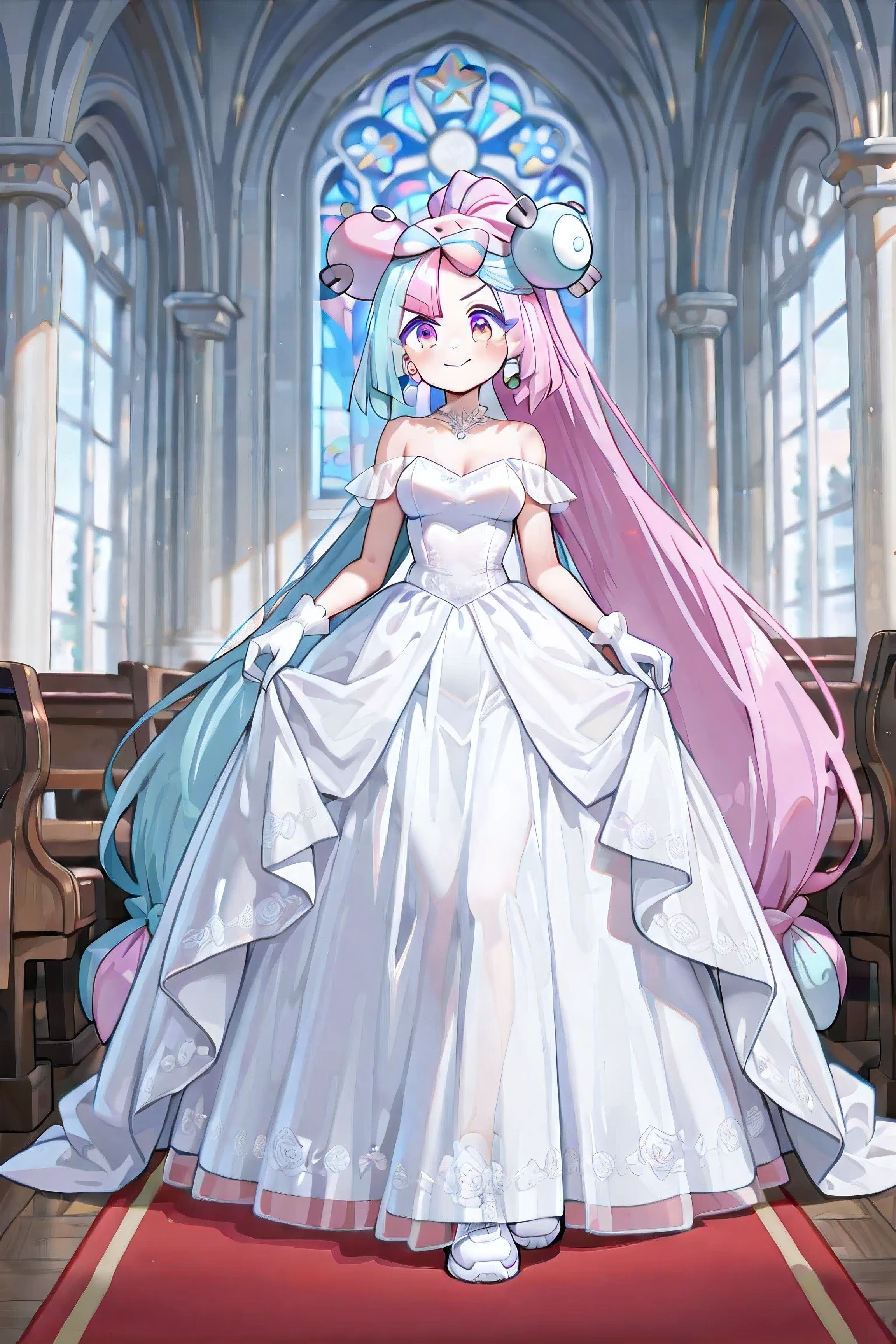 Iono (Pokémon Scarlet and Violet), young girl, ((((Just 1 Iono)))), medium breasts, Very long hair, ponytail, bicolor hair, light blue and pink hair, two-toned eyes, pink and blue eyes, ((falls)), animated smile, flushed cheeks earings, extremely detailed face, wedding dress, long dress, white dress, visible shoulders , transparent shoulder pads, very long sleeves , white gloves, ( white sneakers ), extremely detailed clothes, inside the church, standing, Facing the viewer, full body, 4K, Best Quality, obra-prima.