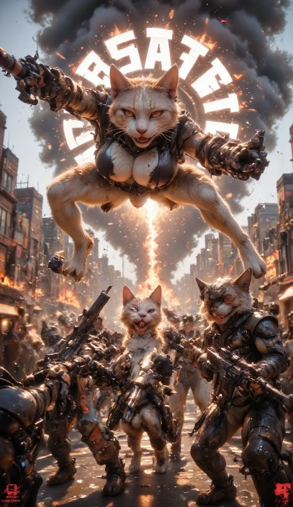 A World at War, human-shaped cats holding weapons and humanoid-shaped dogs getting off spaceships with weapons, buildings on fire , Cats against dogs