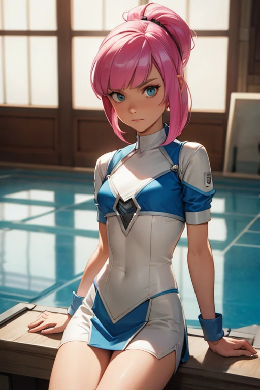 anime style, masterpiece, best quality, absurdres, 1girl,  fighting stance, looking at viewer, <lora:sukabu-v2:0.8>, android, robot joints, mechanical parts,  <lora:Sakura[Boruto]V2:0.6>, haruno sakura, side bangs, forehead mark, red hairband, green eyes