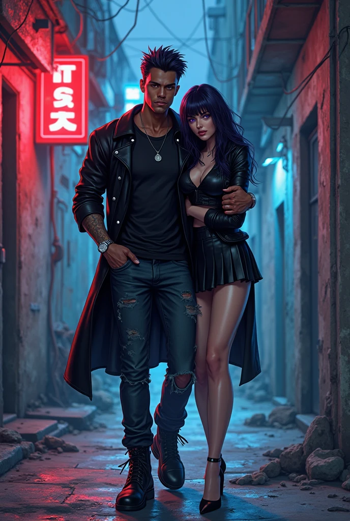 The image shows a digital illustration, maintaining the dark, urban and sensual style..
Na imagem, we see an imposing couple with gothic aesthetics and magnetic presence, in an urban night setting bathed in intense blue light. Dynamic posture 

The man, on the left, has warm black skin and dark brown hair, Short and curly. Your gaze is penetrating from behind Of the thin-rimmed glasses. Dress in dark elegance: a turtleneck blouse, dress pants, belt with chain and a long black overcoat that reinforces their silent leadership posture. On the neck, a necklace with a pendant in the shape of a key or cross, insinuating secrets and hidden power.

A mulher,  Right , has rich and luminous black skin, contrasting beautifully with your long, straight hair, black as night. She wears a black top with crossed straps, adorned with a metallic cross in the center, and short shorts with silver belt and chains. A thigh brace accentuates her boldness, while tribal tattoos or stylized marks Run your left arm like Dark snakes. Their blood-red lipstick and intense eyeliner on the eyes reinforce the aura of danger and desire.

Juntos, they seem to have come from an underworld where seduction and power go hand in hand. A couple that doesn't Ask permission — take what you want, like kings of a city plunged in darkness.