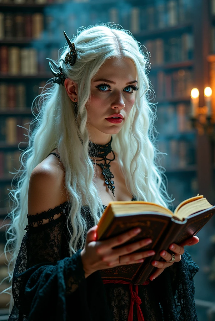 Make a girl with black skin and freckles that look like stars, she has white hair and bangs, she is in the forest, she is dressed as a sexy witch, Holding a book, high resolution,breastsout,1 ,