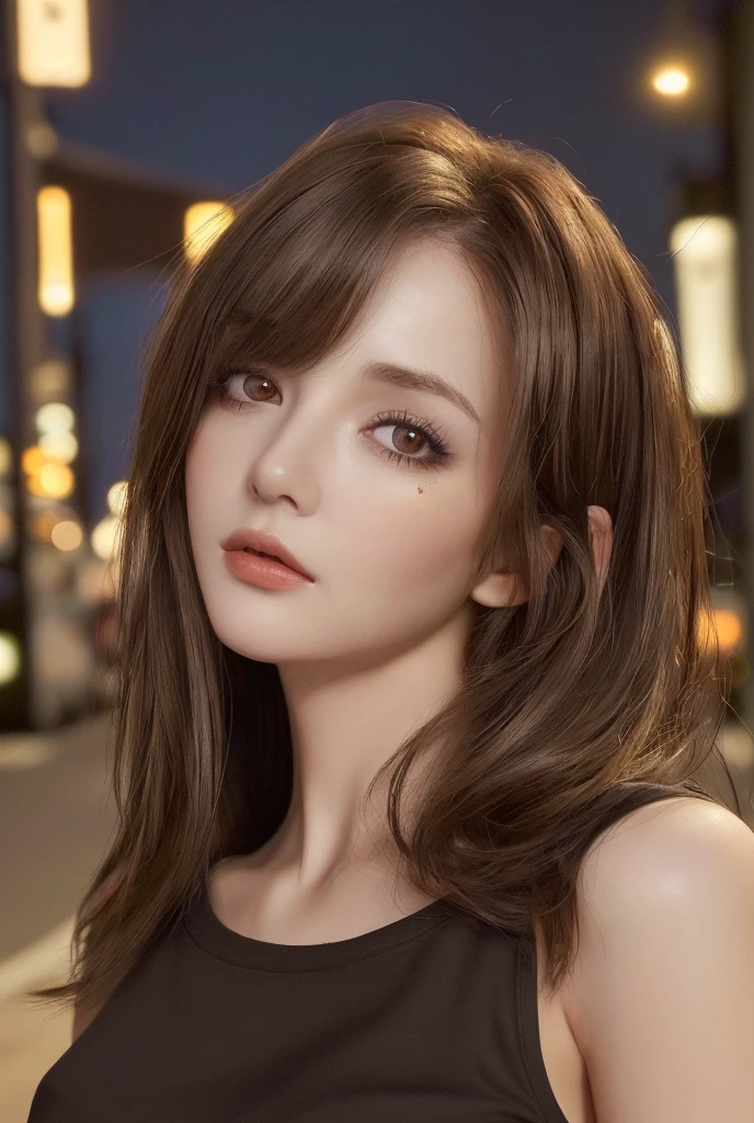 best qualtiy，tmasterpiece，超高分辨率，（realisticlying：1.4），RAW photogr，（Evening Street），1个Giant  Girl，黑The eye，looking at viewert，long whitr hair，Light makeup，Do the action of biting your lip，tiny ears，耳 Ring，Bigchest，slim，exposed，The body faces the viewer，