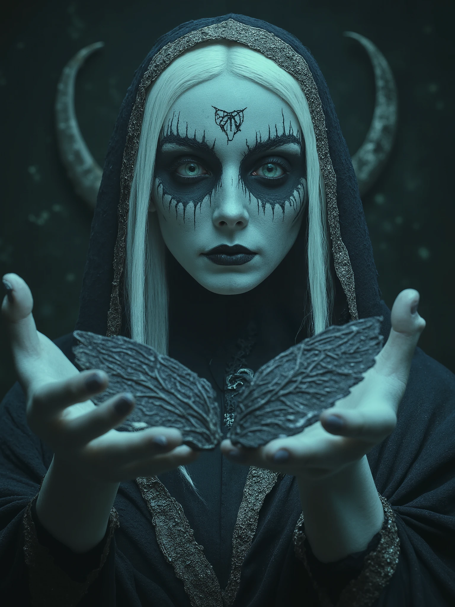 Beautiful white hair woman with a half skull face, rotting fresh and bones, necromancer cosmic entity,holding dark wings in her hands Infront of her face,surreal dark art sensual art, satanic occult black metal dark horror photography,dark realistic photography, melancholic ambience, pentagram, occult,