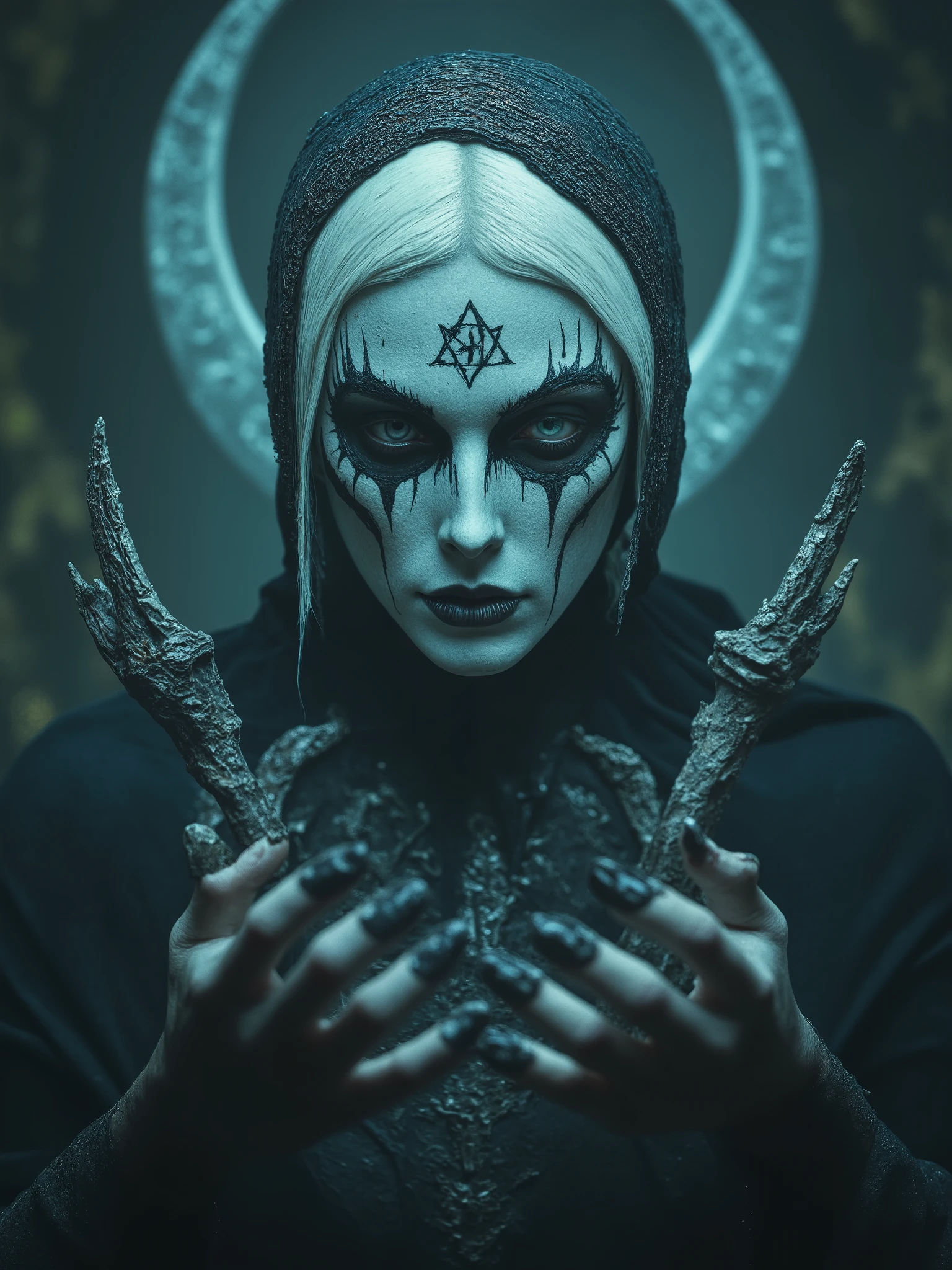 Beautiful white hair woman with a half skull face, rotting fresh and bones, necromancer cosmic entity,holding dark wings in her hands Infront of her face,surreal dark art sensual art, satanic occult black metal dark horror photography,dark realistic photography, melancholic ambience, pentagram, occult,