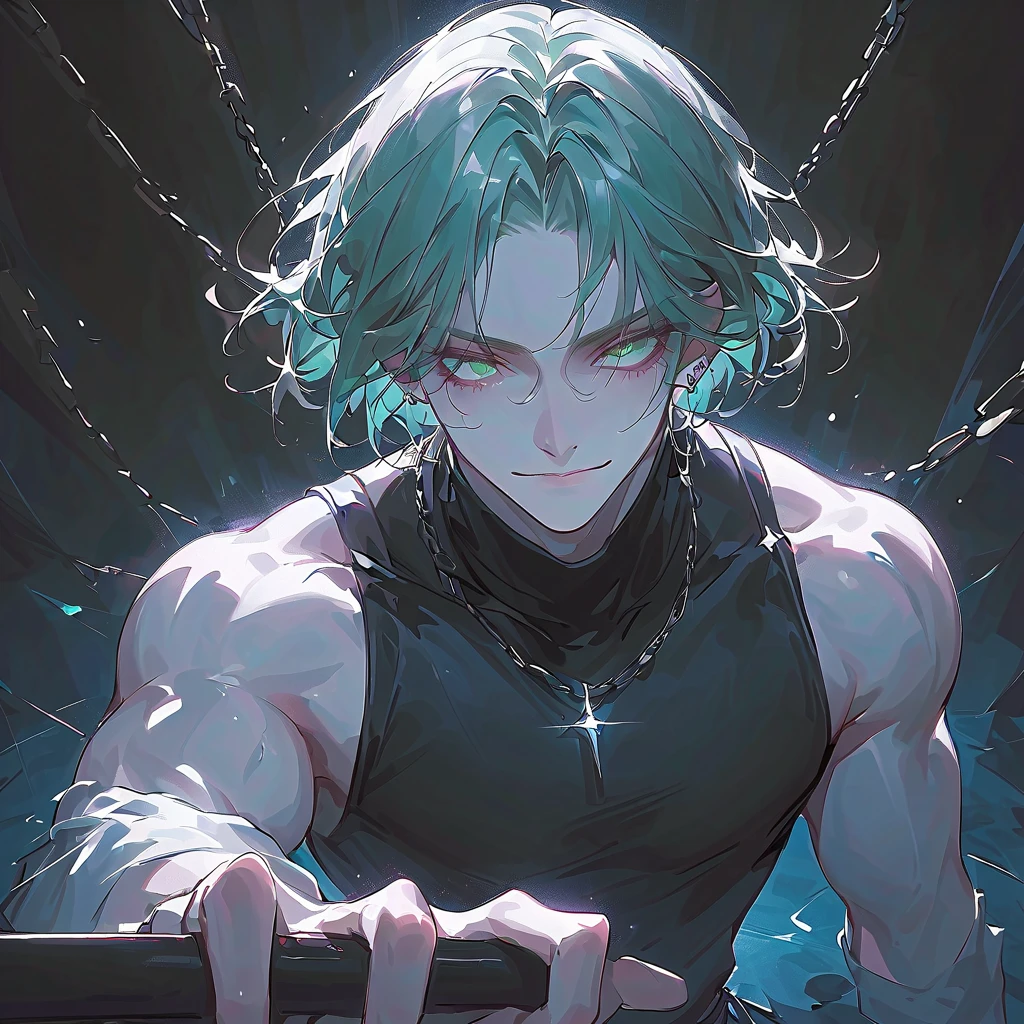 Black clothes pale skin, green crown, king, wraith, masterpiece, absurdres, white hair, close up, black mist, broken, broken hero, a big smile, Crazy small pupils Expression, muscular, young man