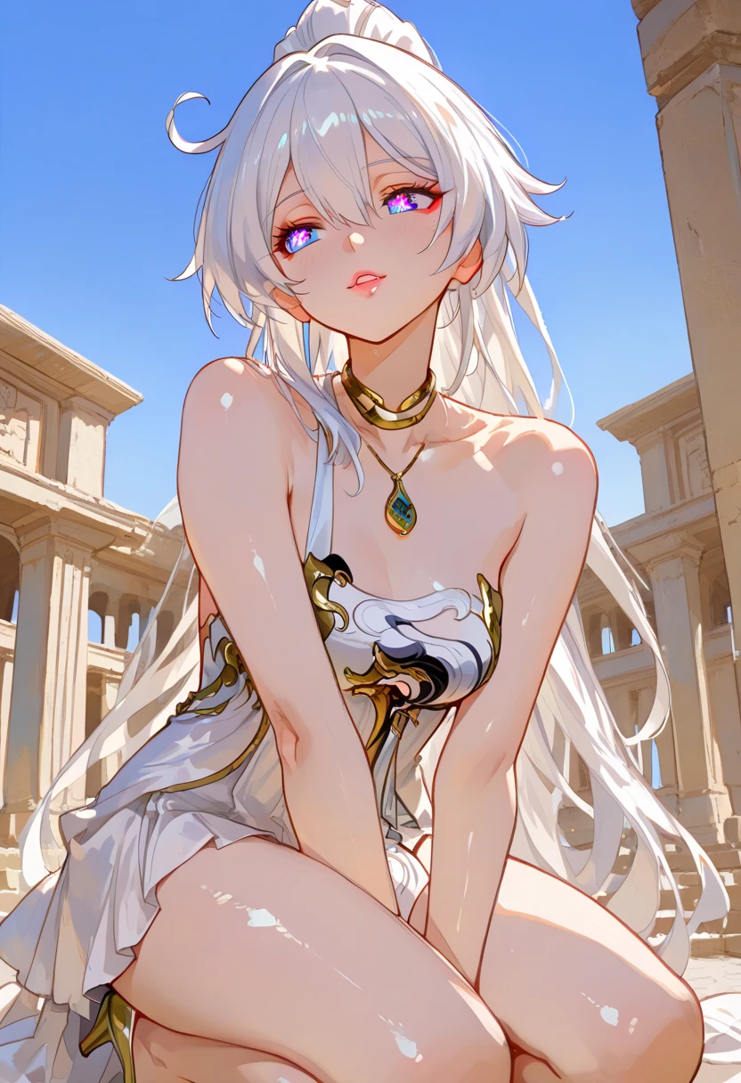 Masterpiece,best quality,ultra-detailed,illustration,((indoor)),1girl, bangs, bare shoulders, dark-skinned female,medium breasts,dark skin, jewelry, red eyes, skirt, solo, white skirt, <lora:sufei:0.7>