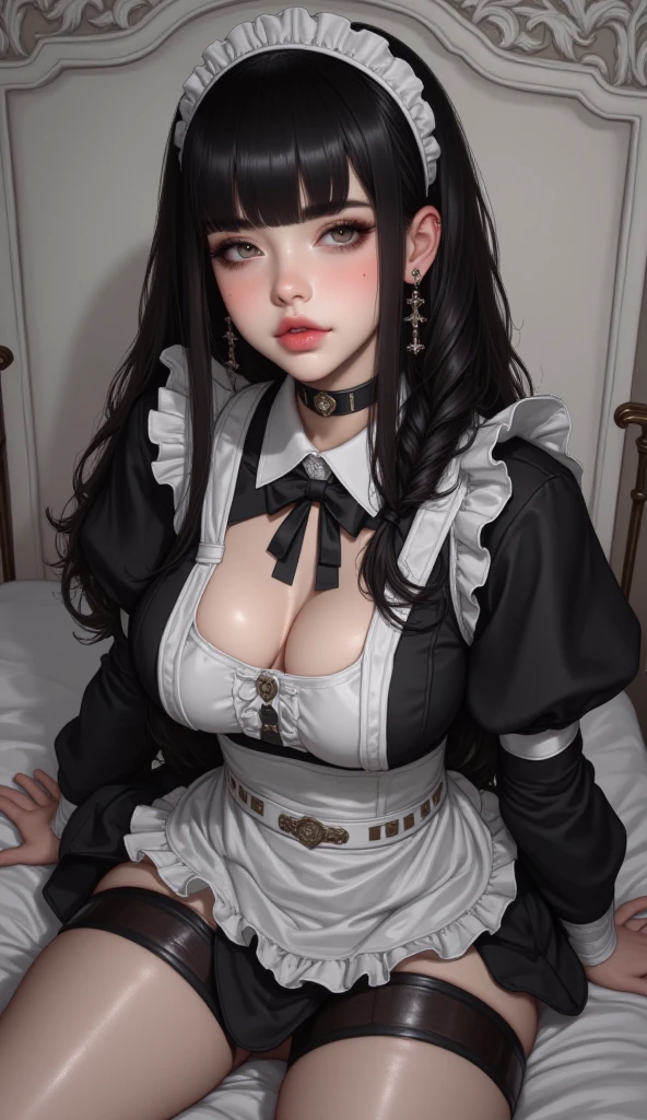 1girl, black long hair, maid outfit, net stockings, long detached wide sleeves,cropped top, sitting on a sofa, big breasts, thin waist, more flesh, cute, cute face,  cute makeup, bright eyes, glossy lipstick, long eyelashes, heavy eyeshadow, heavy makeup, backlit, high quality, 8k, detailed, realistic, photorealistic, hyper detailed, highly detailed, masterpiece, studio lighting, physically-based rendering, vibrant colors