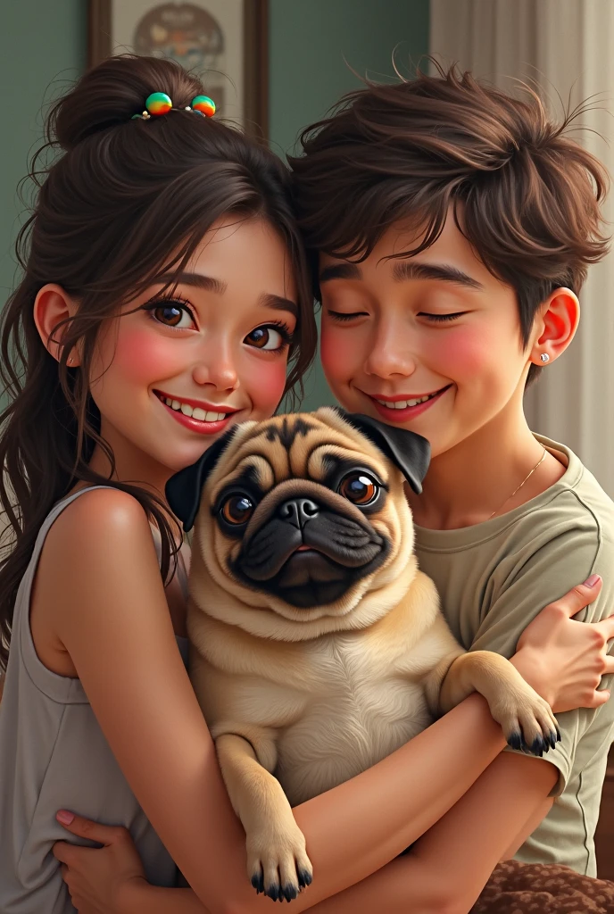 Pai brincando com seus filhos em um gramado lindo junto com um cachorro