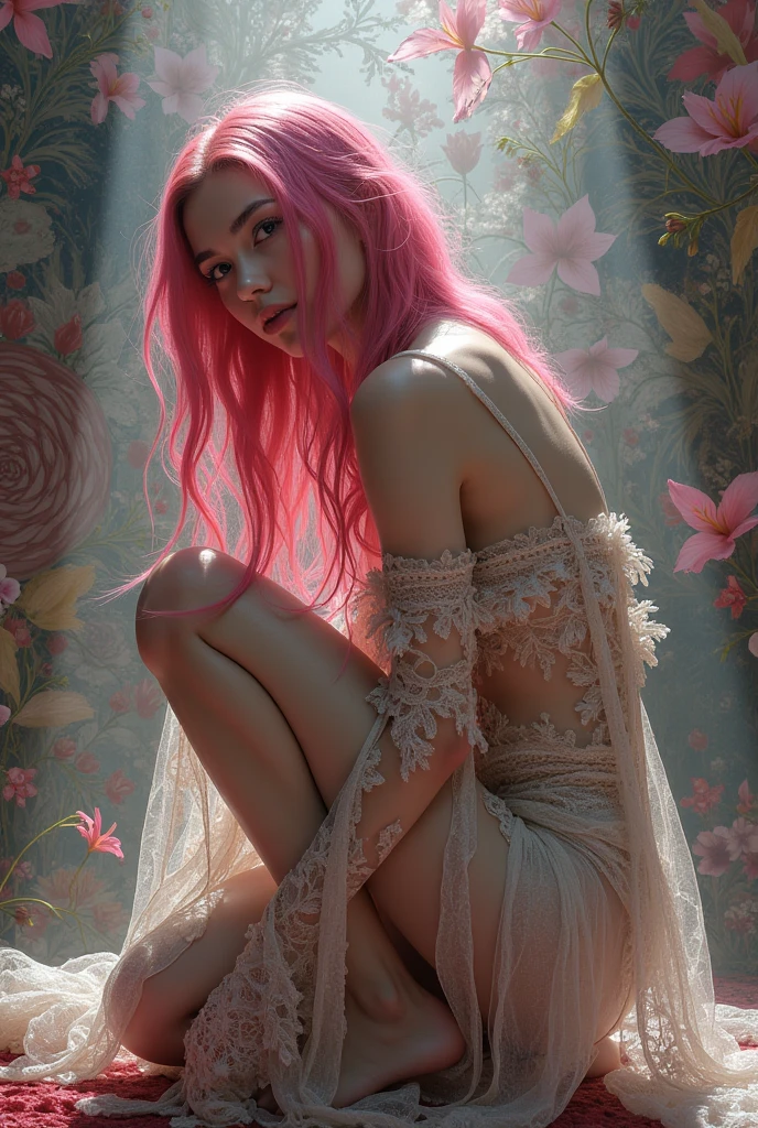 ((Best quality)), ((Ultra Resolution)), ((photorealistic)), (Intricate details), 19 years old, long purple hair, Perfect face, makeup: 1.5, Light on the face, Detail of the face , ((full body nude)), ((big breasts)) ((sculptural body)) ((translucent lingerie)), brunette