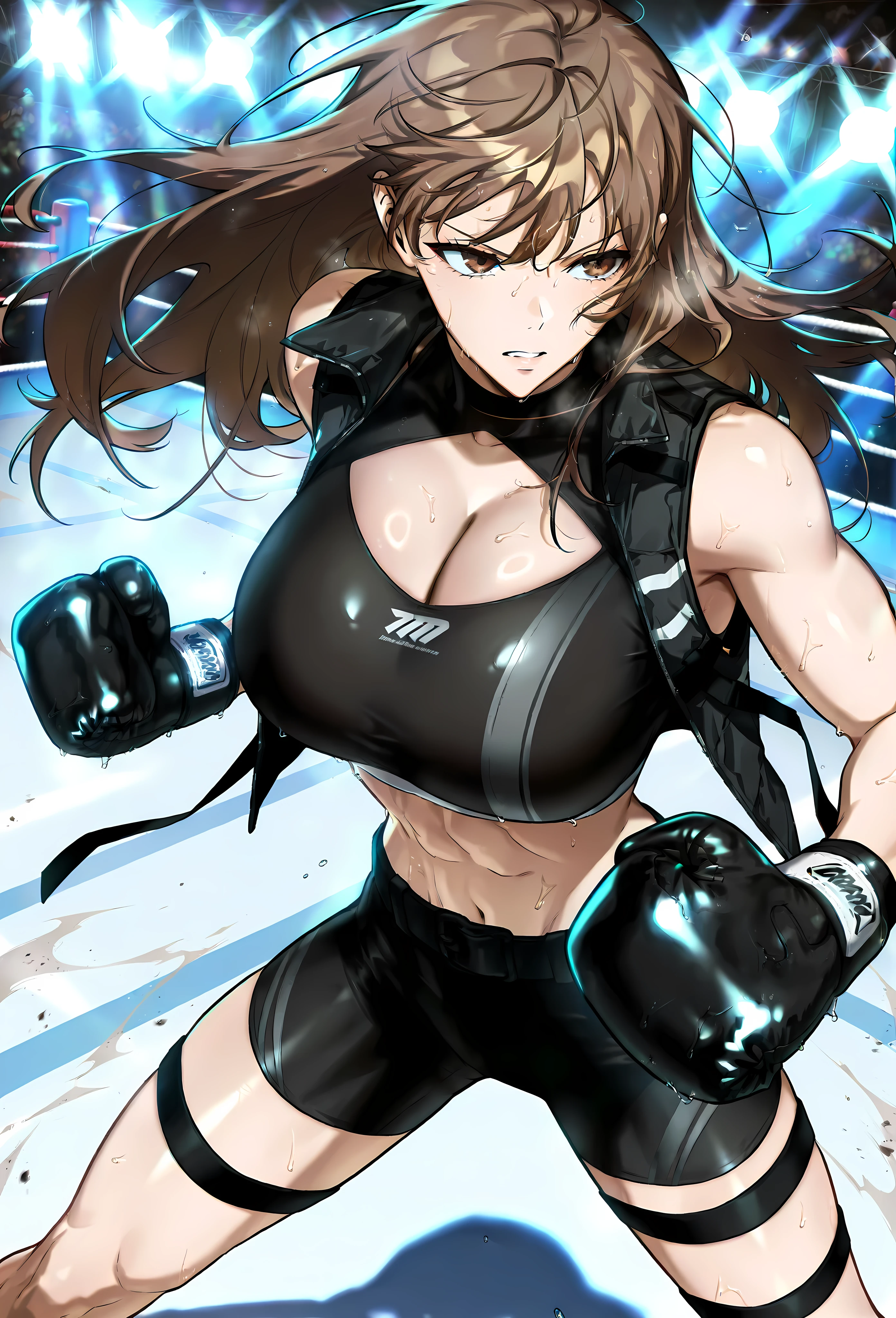 masterpiece, best quality, amazing quality, very aesthetic, absurdres, newest, scenery, 1girl, solo, huge breasts, serious, parted lips, long hair, brown hair, brown eyes, bangs, sports bra,
 Sleeveless jacket, open jacket, cleavage cutout, black gloves, black belt, thigh strap, spread legs, standing, fighting stance, boxing gloves, gym, (from above:0.9), looking away, shiny skin, masterpiece, best quality, amazing quality, very aesthetic, absurdres, newest, scenery