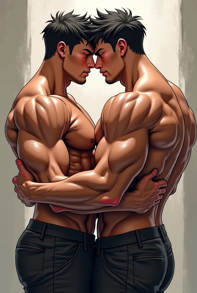 Two naked anime fanart muscled men pressing their hips with their testicles and big penises pressed together