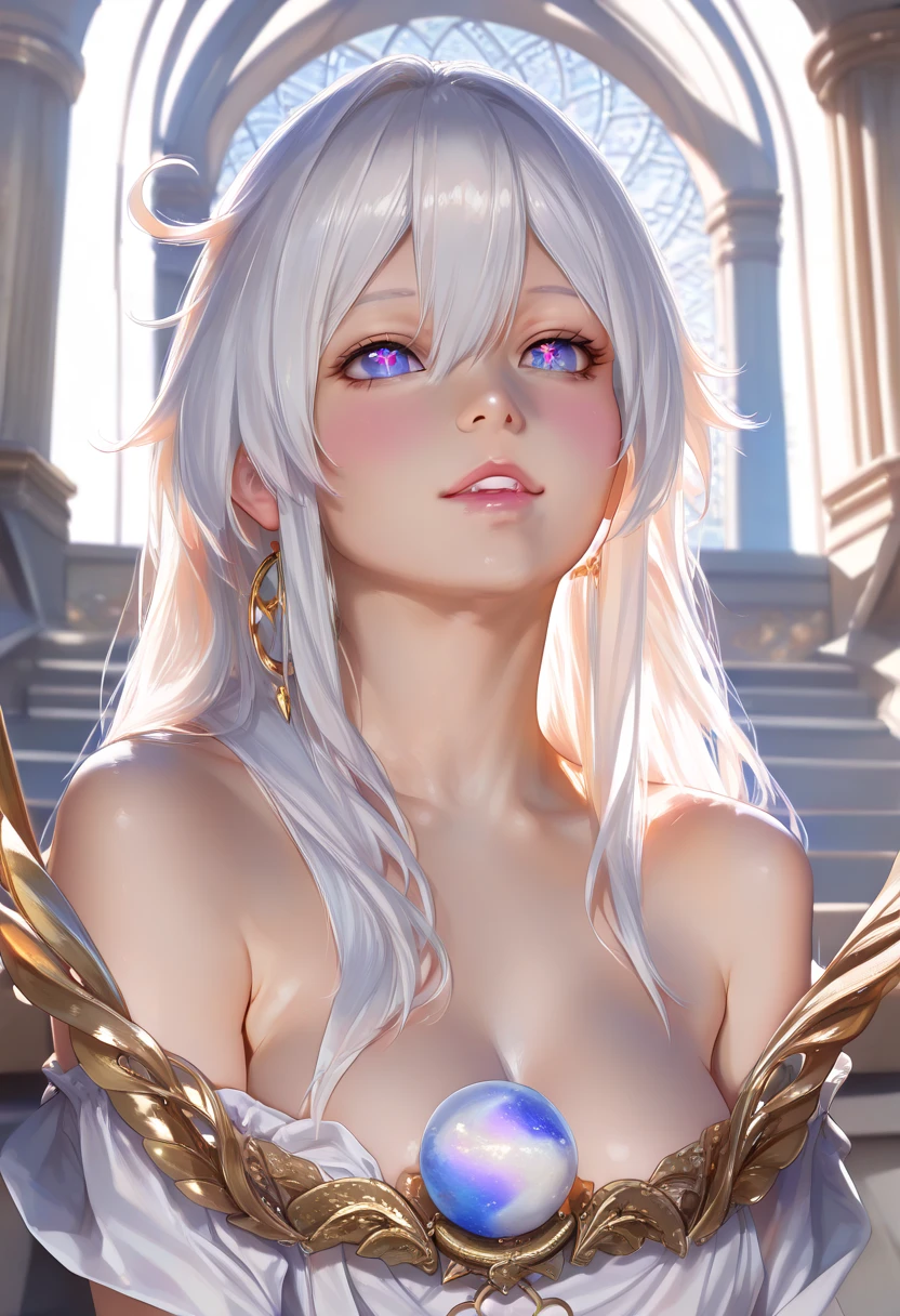 A high resolution, Sharp focus, Pixiv masterpiece, ((Intricate details)), Highly detailed, 1girl, Albedo_Overlord, white hair, (Low wing,:1.1), Upper body, castle on the background, Make Albedo look like Lucy Kushinada, without horns, long white hair with pastel rainbows, golden eyes, looking straight ahead, only from the bust up.