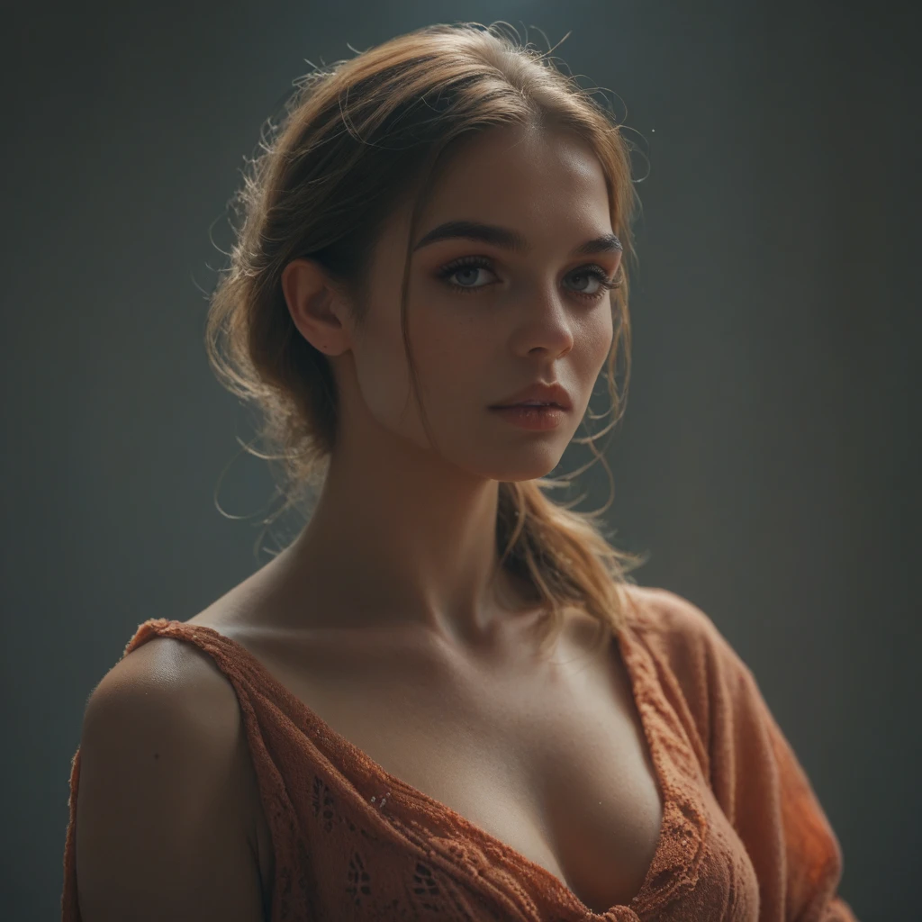Girl sitting in a dungeon, torn peasant clothing, very large cleavage, defined abs, bruised, bleeding, sad, Metal shackle around neck, RAW photo, dslr, soft lighting, high quality, film grain, Fujifilm XT