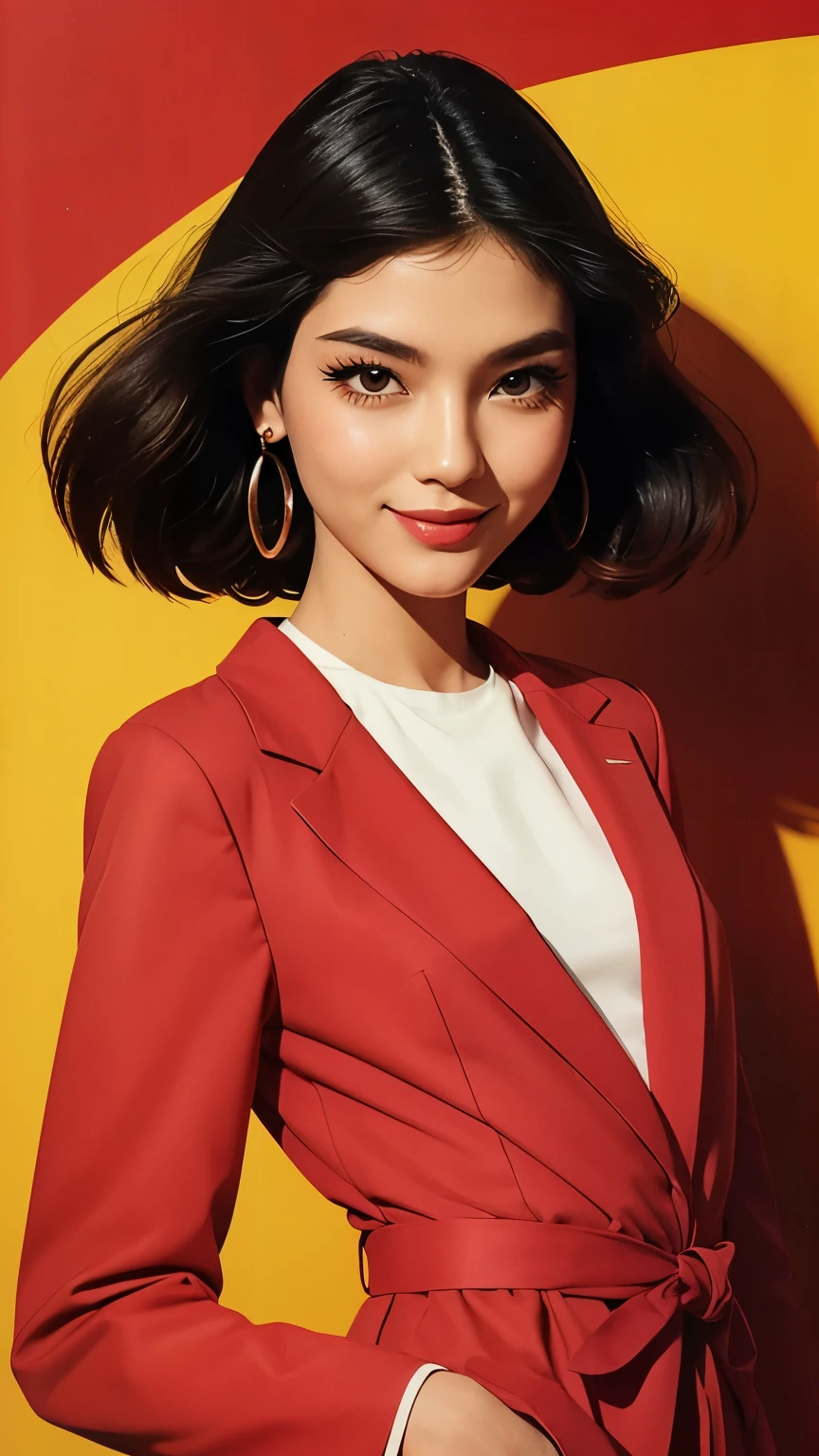 woman, 1980’s art design, retro, A Japanese model wearing a haute couture suit on a resplendent catwalk. (flat colors, flat texture, lineart:1.2), graphical design, head turned looking at camera, smiling lips, view from above, style by smeglejj