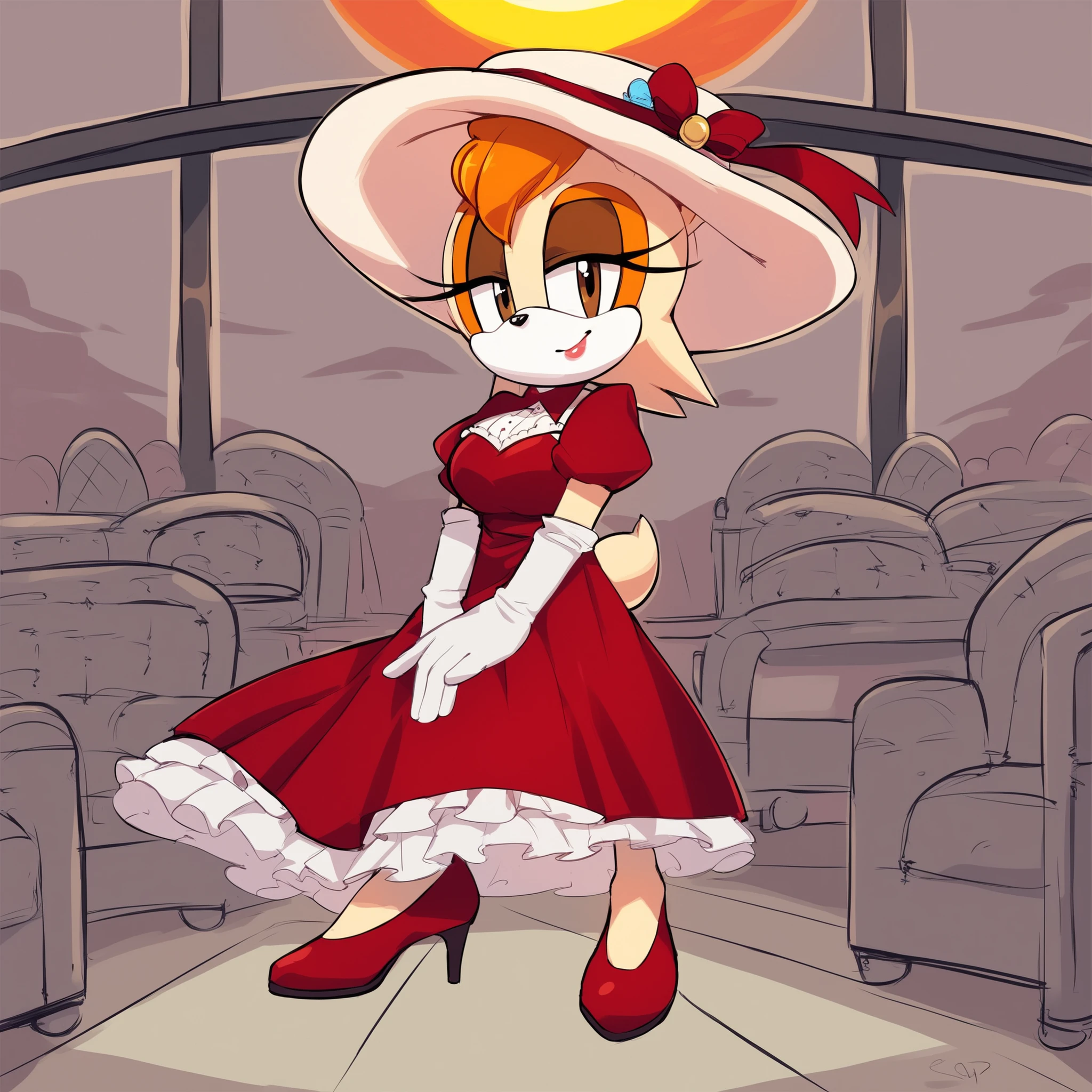 score_9, score_8_up, score_7_up, score_6_up, score_5_up, score_4_up, (Source sonic), (rating safe), vanilla the rabbit, 1girl, solo, , brown eyes, looking at viewer, standing, ((fancy restaurant background)), wide , rabbit girl, short hair, body fur, (white stole fur wrap over shoulders), half closed eyelids, petticoat skirt, dark red panniers, long opera gloves, (steampunk dress), (elegant red dress), fancy dress, elegant red sun hat, (sun hat with dark red facial scarf wrap), standing, full body, short sleeves, shoes, puffy sleeves, white gloves, dark red high heels, puffy short sleeves, eyelashes, (makeup), furry, long skirt, rabbit ears, animal nose, brown eyes, animal ears, furry female, orange hair, elegant personality, rich woman, elegant lady,  expression
