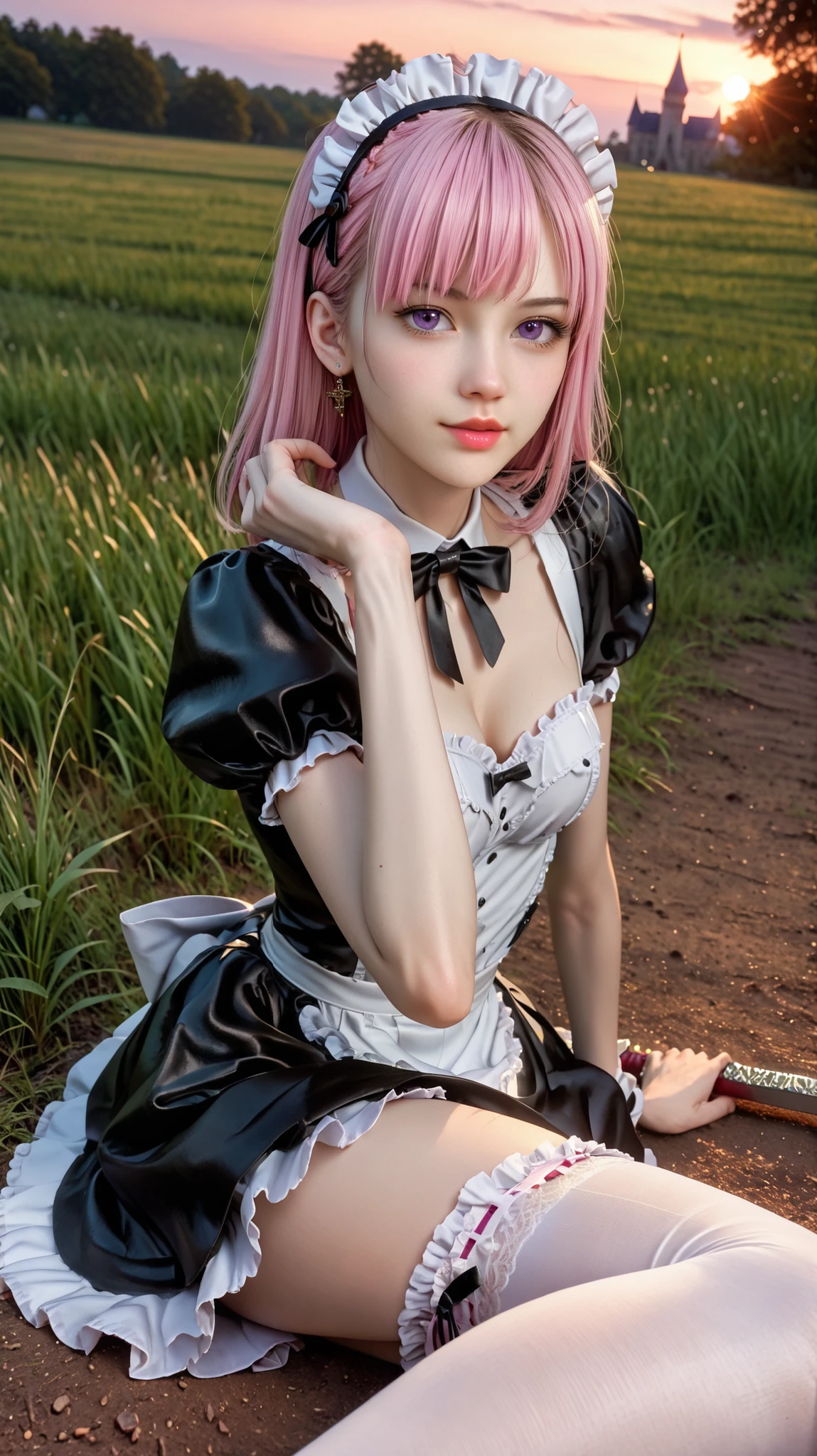 (masterpiece, best quality:1.4), (full body:1.5), (sitting: on the garden:1.5), on a beautifull and rich mansion, 1girl, solo, rem_re_zero, pink hair, (pink hair:0.5), short hair, maid uniform, (black maid uniform:1.5), hair ornament, cleavage, maid headdress, detached sleeves, ribbon, medium breasts, beautifull smile, beautiful face, highly detailed face, highly detailed eyes, highly detailed skin, skin pores, subsurface scattering, realistic pupils, full face blush, full lips, depth of field, volumetric lighting, sharp focus, absurdres, realistic proportions, good anatomy, (realistic, hyperrealistic:1.4), 16k hdr