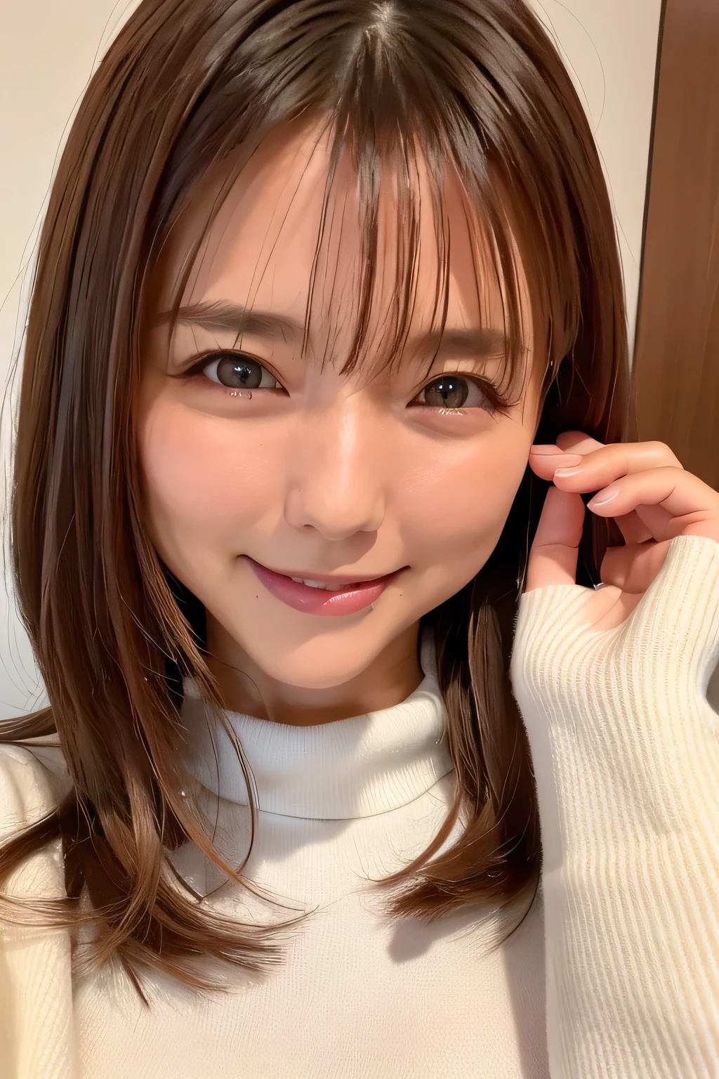 ((top-quality、8K、masterpiece:1.3))、1人、((Beautiful hair))、Beautiful woman with slender abs:1.3、(((very Bigger breasts、1.7)))、Turtleneck made of knitted material:1.1、hyperdetailed face、A detailed eye、二重まぶた、(((Photograph the whole body)))、(Smile)