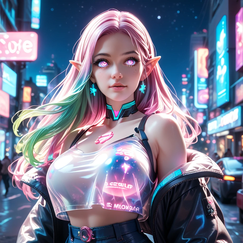 (masterpiece), Top quality, Ultra-high resolution,(Ghibli style:1.5)，Japanese Girl, Stunning cyberpunk cityscape,Japan girl standing on rooftop ,Blue and purple underwear、Hair color random、Random hairstyle、Neon Colors流星, Off-shoulder, Neon Colors, flushed, stunning night sky, Movie Lighting, Photorealistic, Real skin, top view,