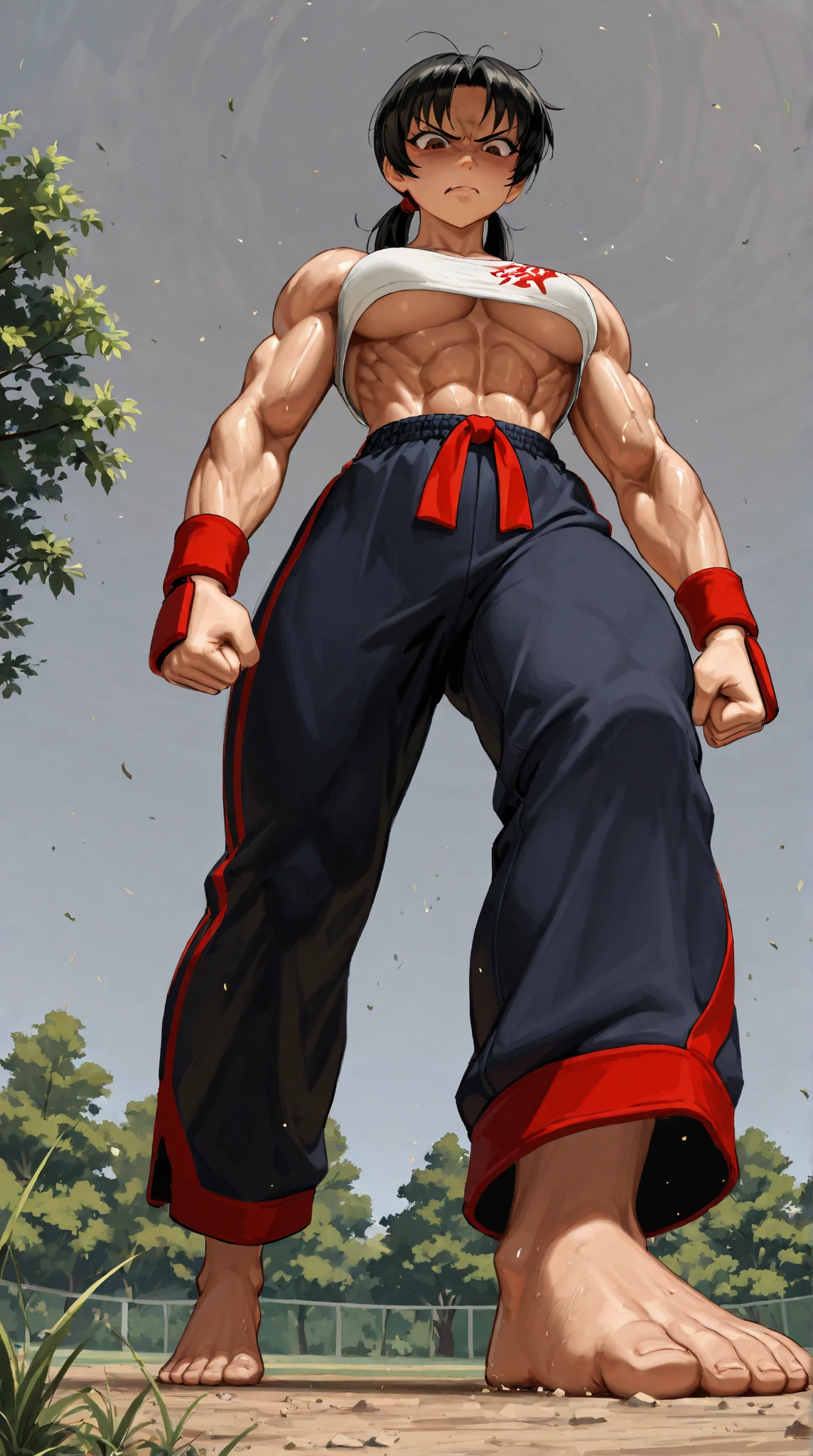 Women, martial artist, very burly body, muscular body,  fitness top, gym pants, Naked, barefoot, very detailed body, angry, very detailed face,  of foot, looking down, outdoor, seen from below, resolution 8k