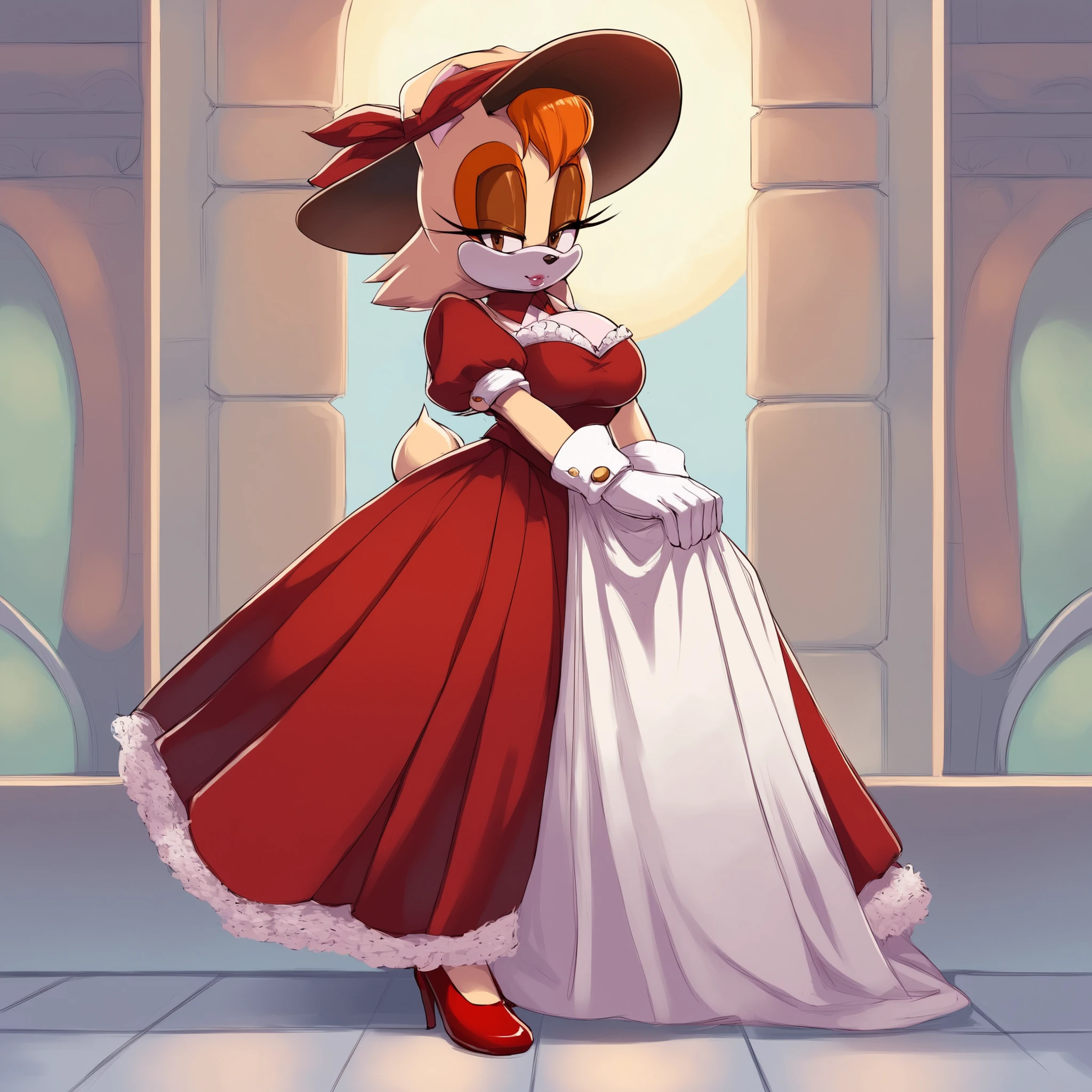 score_9, score_8_up, score_7_up, score_6_up, score_5_up, score_4_up, (Source sonic), (rating safe), vanilla the rabbit, 1girl, solo, , brown eyes, looking at viewer, standing, ((fancy restaurant background)), wide , rabbit girl, short hair, body fur, (white stole fur wrap over shoulders), half closed eyelids, petticoat skirt, dark red panniers, long opera gloves, (steampunk dress), (elegant red dress), fancy dress, elegant red sun hat, (sun hat with dark red facial scarf wrap), standing, full body, short sleeves, shoes, puffy sleeves, white gloves, dark red high heels, puffy short sleeves, eyelashes, (makeup), furry, long skirt, rabbit ears, animal nose, brown eyes, animal ears, furry female, orange hair, elegant personality, rich woman, elegant lady,  expression
