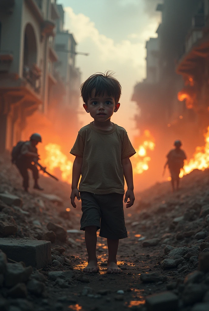 10-year-old boy in front of a scene of destruction that shows all the horror of war, houses, bridges and buildings in ruins, fire and smoke everywhere.