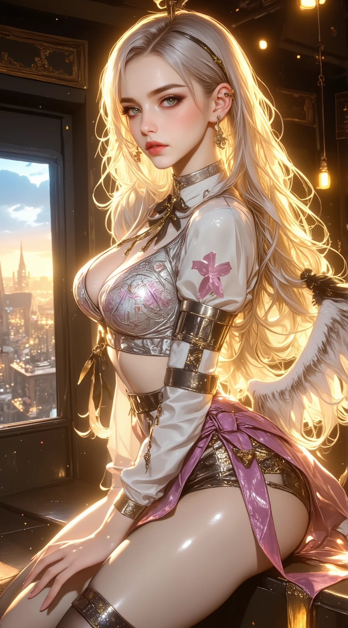 girl,1girl,((extremely cute and beautiful blonde haired girl)),(((16 years old))),(large breasts:1.2),((((blonde hair:1.35,(disheed hair),bright orange hair,long hair,iridescent colors orange and yellow glowing colors,colored inner hair)))),((yellow_eyes:1.5)),glowing eyes,intricate eyes,beautiful detailed eyes,symmetrical eyes,Big eyes:1.5,((fat)),(((lustrous skin:1.5,bright skin: 1.5,skin tanned,shiny skin,very shiny skin,shiny body,plastic glitter skin,exaggerated shiny skin,illuminated skin))),(spider lower abdomen,narrow waist,wide hip,athletic body,inflated legs,thick thighs,detailed body,(detailed face)),

cute,slutty,seductive,??????,(nsfw),

zettai ryouiki,(((Holy GUARDIAN ANGEL,white and large wings,feathers, has feather wings))) (dynamic stripes, luminous trails: 1.2),(((winter white costume:1.5, white sexy polar costume))),(((Show cleavage))),(((white outfit, white clothes,intricate outfit,intricate clothes))),

(dynamic pose:1.0),drinking hot chocolate,(centered,scale to fit dimensions,Rule of thirds),

((floating in the clouds, sky and clouds background)),scenery:1.25,((intricate scenery)),

(Glossy holy ornaments),highres,sharp focus,(ultra detailed,extremely detailed),(photorealistic artwork:1.37),(extremely detailed CG unity 8k wallpaper),(((vibrant colors,vibrant theme))),(intricate),(masterpiece),(best quality),artistic photography,(photography taken by sldr),(intricate background),perfect rendered face,perfect face details,realistic face,photo realistic,((intricate detail)),(((realism))),
