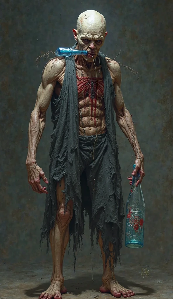 A male teenager. He is wearing a torn and dirty white dress. His skin is completely blue. His lips are black. His hair is white and a little long. He has a black blindfold and is leaking blood. He is barefoot and his feet are covered in blood, as is the dress. There are barbed wires stuck in various parts of his body. Among them are his arms, his middle and his neck. The floor is covered in black roses. The wall is old and worn out. It has a missing person poster and a phrase written in blood. I had dreams and hopes. What did you do to this? He has a crown made of barbed wire. The image must be in anime.