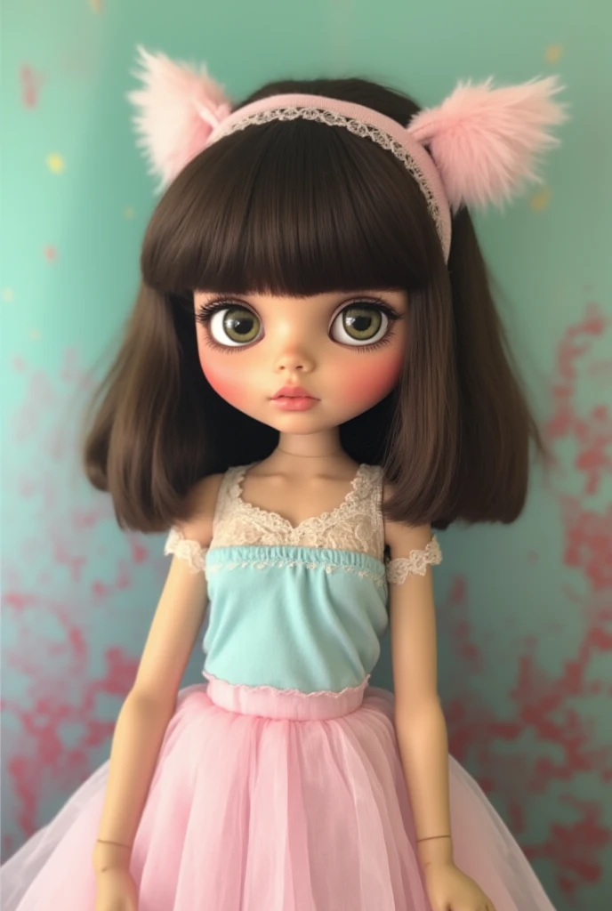 Blythe dolls with brown eyes, with medium black hair, without fringe with freckles, and with rosy cheeks, with long eyelashes.