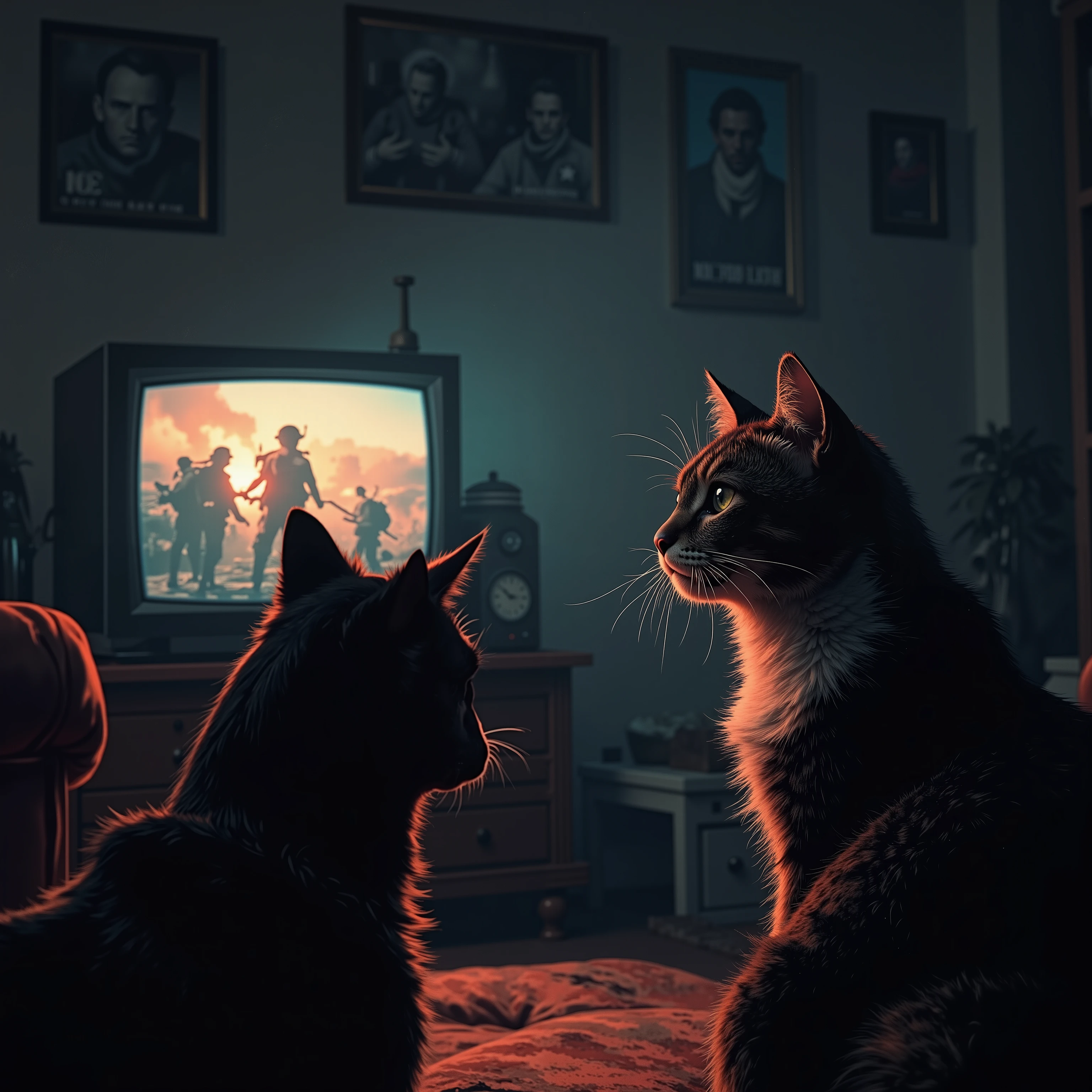 Movie film,cat,Profile of a dog watching a war TV program