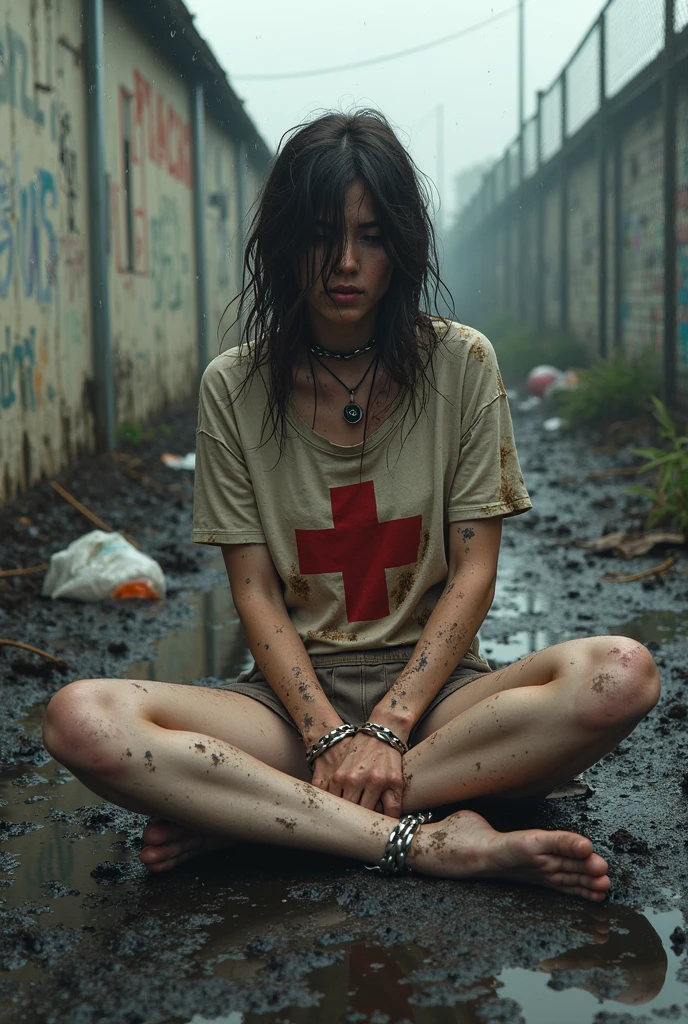 An 18-year-old girl, big tits, very thin and athletic, wearing a nurse's outfit. The outfit consists of a white dress with a red cross on the front, a white cap, and white shoes. She is also wearing a stethoscope around her neck. The scene is set on a deserted city street, with broken-down buildings and abandoned cars. The camera follows her as she sits on the curb, her head in her hands. The image is rendered in ultra-realistic detail, with every wrinkle in her clothes and every strand of her hair visible. The lighting is bleak and hopeless, with a cold, gray sky.