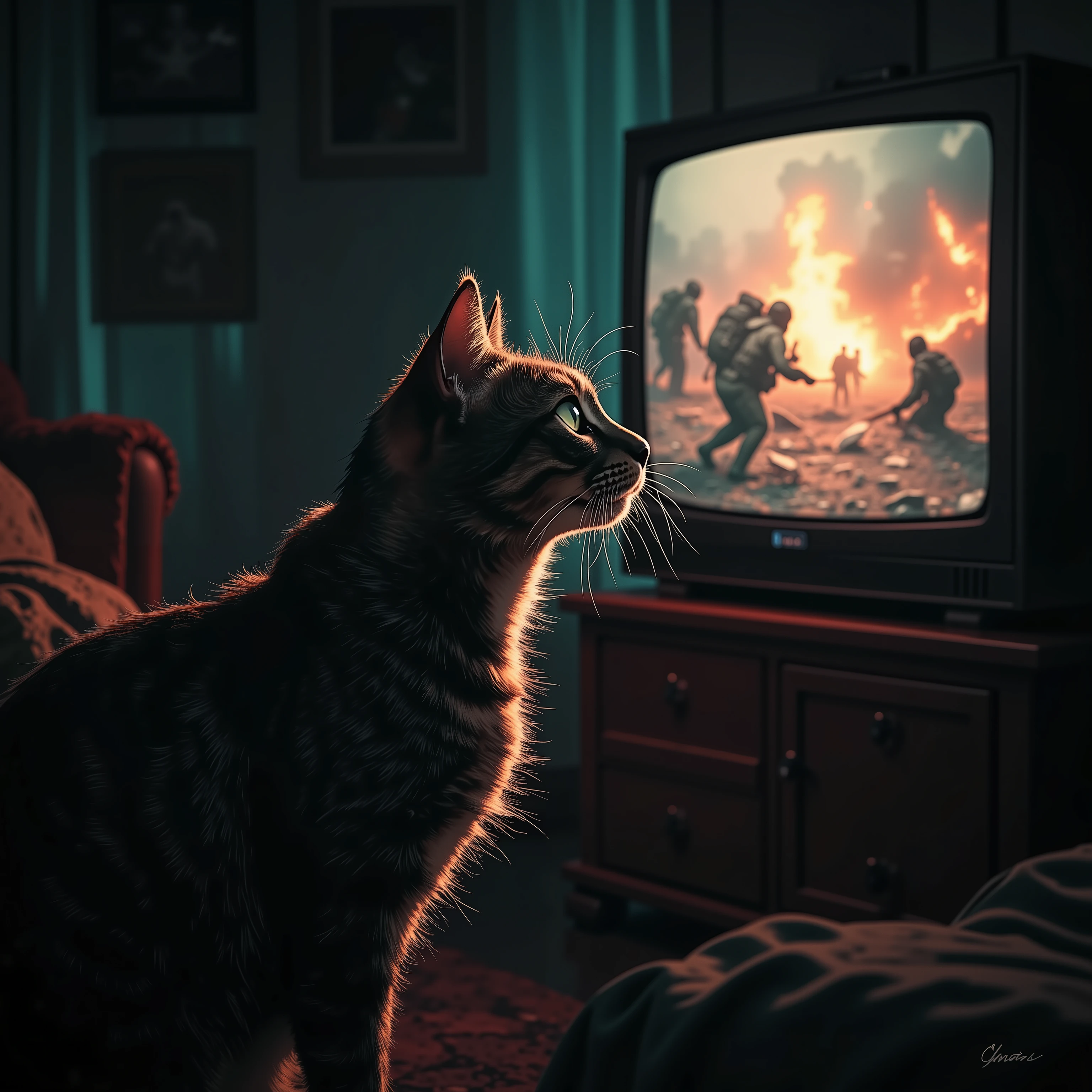 Movie film,cat,Profile of a cat watching a war TV program