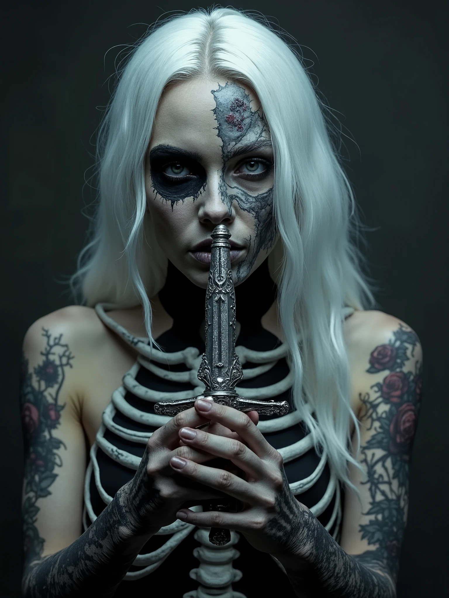 Beautiful white hair woman with a half skull face, rotting fresh and bones, ndoskeleton made From silver ,necromancer cosmic entity,holding s dark sword from a goddess in her hands Infront of her face,surreal dark art sensual art, satanic occult black metal dark horror photography,dark realistic photography, melancholic ambience, pentagram, occult,