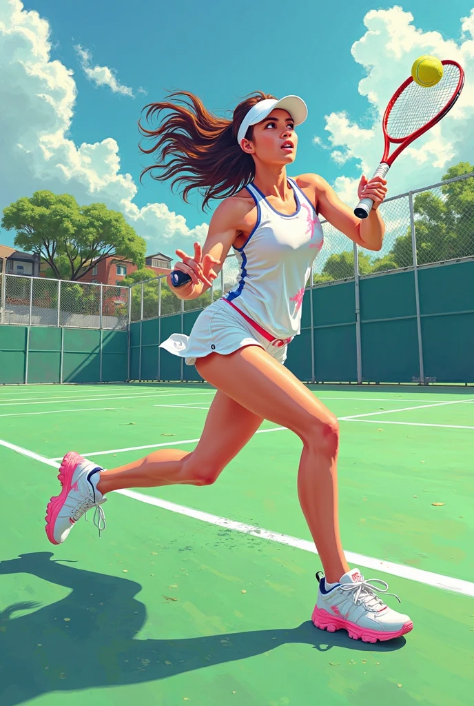  masterpiece, (textured skin), best quality, gorgeous beautiful girl, (a female tennis athlete), detailed clothes,large breasts,narrow waist,, (beautiful face), cinematic lighting, (at tennis venue ),