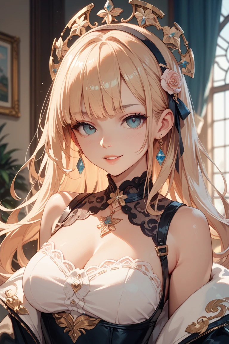 ((Brunette hair with blonde tips))), (green eyes), blue necklace, green earrings, Fit, Gorgeous Body, gorgeous, brown eyebrows, (two moles over lip), big pupils, (23 years old), complex skin, warm light, (large breasts), 5 fingers, ((detailed face, best quality)), ((masterpiece)), ((ultra-detailed)), (beautiful detailed eyes), pink lip, eyeshadow, beautiful face, long hair, very detailed eyes, intricate details in eyes, perfect lips, good lighting, ((hot latex)), long hair, detailed face, mean smirk, evil face, big plump breasts, ((in a pink bedroom)), ((masterpiece: 1.4, full body)),