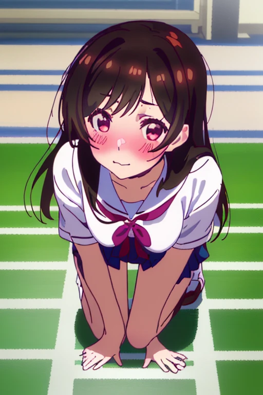 masterpiece, ultra quality, ultra sharp, ultra detailed, 1girl, solo, (((good anatomy))), haduki kurumi, (tattered torn dripping wet white gym shirt), navy gym pants, animal ears, randoseru, name tag, Japanese anime pose, laugh, BurumaShorts, Buruma, Gym Uniform, (((sitting, squatting, spread_legs, legspread, split_legs, spreading legs)), (randoseru backpack:1.4), (smug smile), buruma, blue buruma, black buruma, (cameltoe), (tattered torn short sleeve white gym uniform with colored hem), (tiny nipples), (white long loose socks), strong lighting, legspread, bukkake, cum on clothes, cum on legs, cum on buruma, cum on bloomers, (spreading pussy by hands)