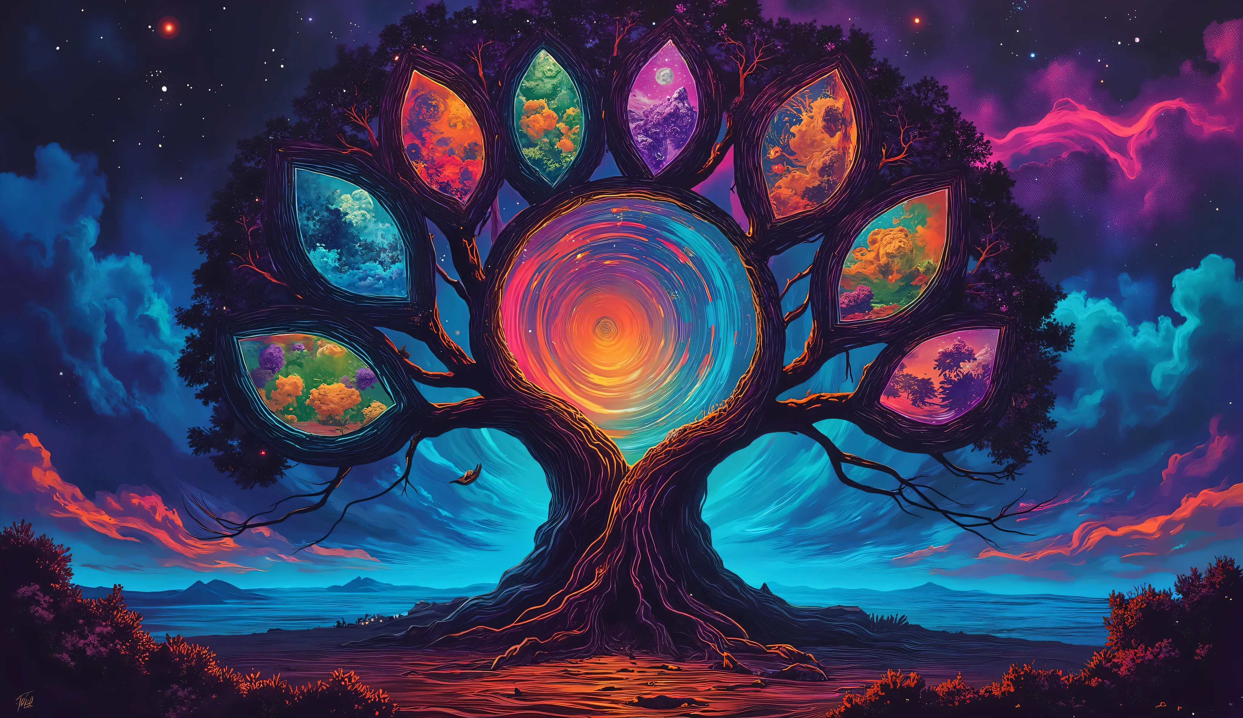 imagine a tree that acts as a portal to another dimension, its trunk swirling with iridescent energy. The tree's leaves are made of stained glass, each pane depicting a different world. The background is a swirling vortex of colors, hinting at the infinite possibilities beyond. Surreal fantasy meets stained glass in a scene inspired by Van Gogh and Alex Grey.