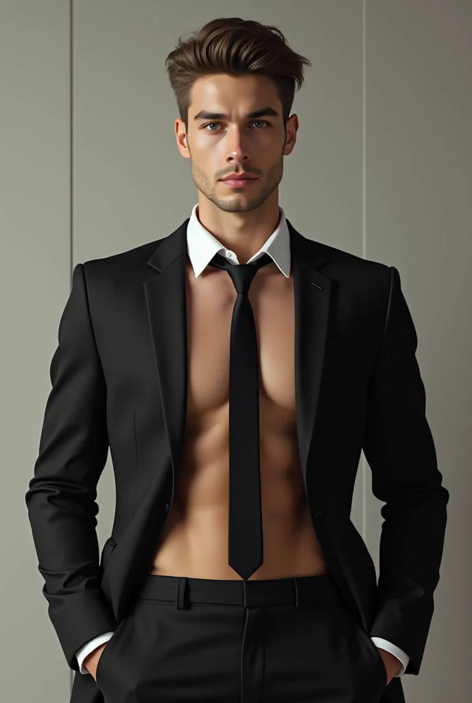 (photorealism) brown haired young man wearing a suit standing sexually with an visible bulge in his pants wearing a pair of white cotton gloves