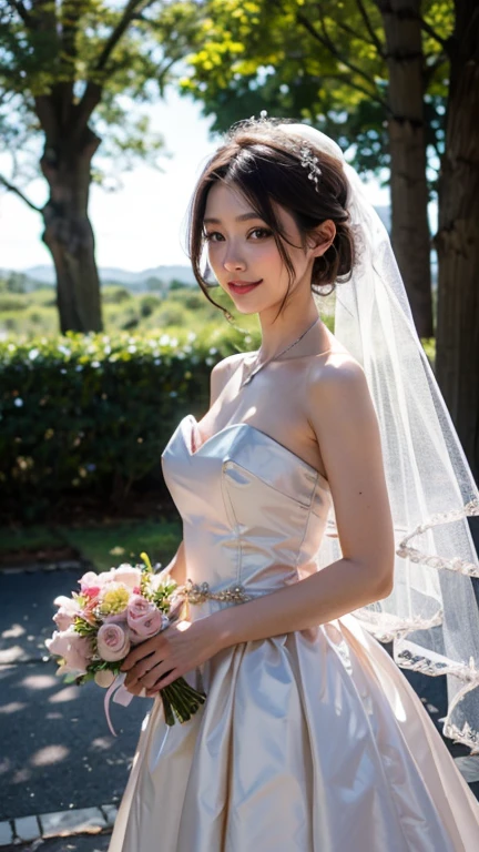 (Smiling Japanese bride in the garden、(Squint your eyes and laugh、A big smile)、The whole body is visible)、Many people celebrate、(Realistic、Like a photograph、Live Action、8k, Realistic, RAW Photos, Best image quality: 1.4), Single-lens reflex camera、RAW Photos, Highest quality, Realistic, Very detailed CG Unity 8k 壁紙, Written boundary depth, Cinematic Light, Lens flare, Ray Tracing, Realistic background、((Wedding dress:1.5、bouquet)、Cleavage)、((ultra high density skin))、 Cute Japan Bride、Overflowing with smiles、Random Hairstyles:1.2、I like that style、stylish、Very detailed、Pay attention to the details、perfect bridal dress、(White skin)、Great atmosphere、View from the front、Beautiful background、Detailed background depiction、Detailed portrait、View from the front