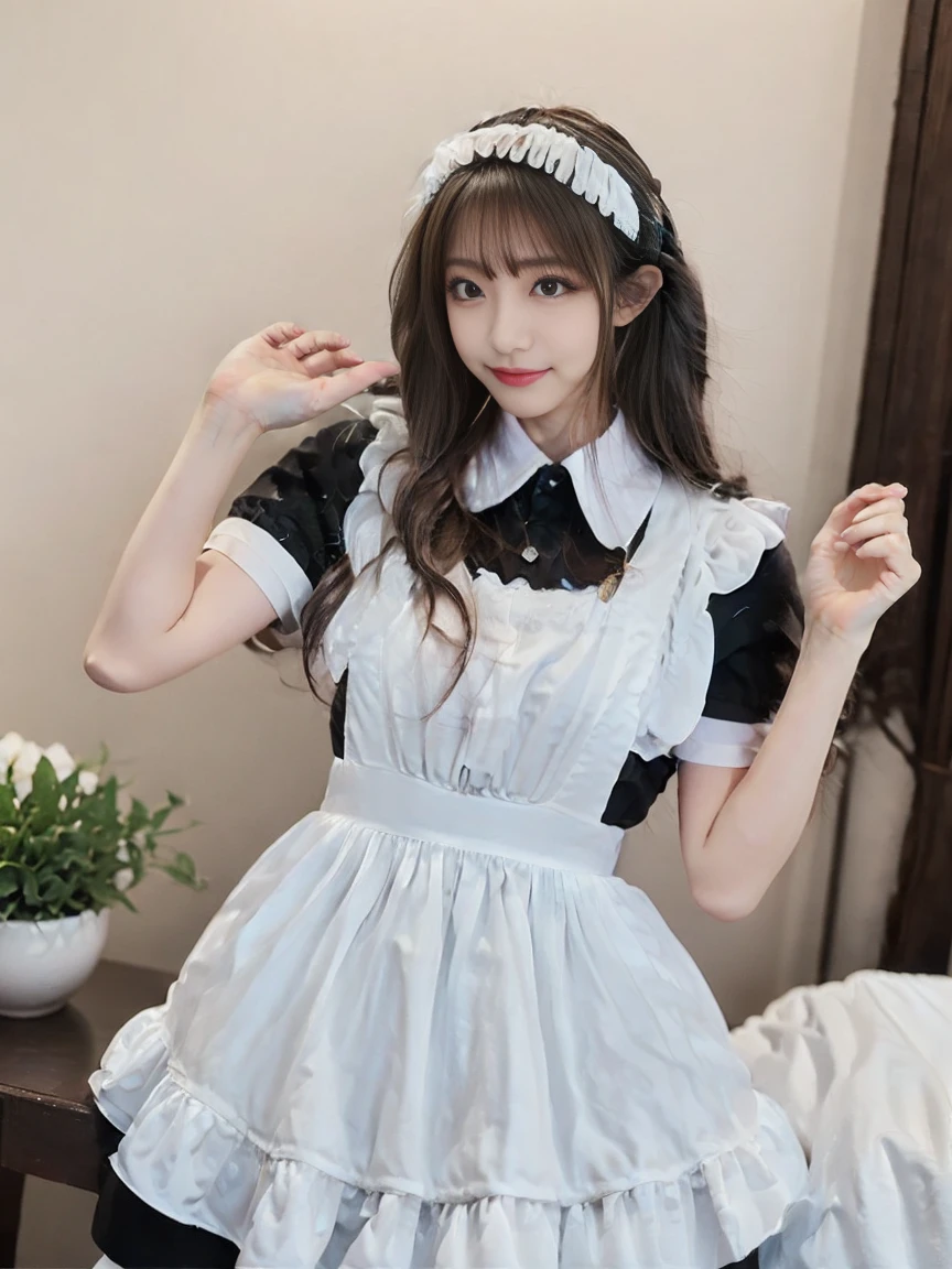 Have a cell phone、Anime girl in maid dress looking at camera, anime girls in maid costumes, Lori, ( ( misa amane # ) ), loli in dress, made with anime painter studio, maid clothes, anime cat girl in a maid costume, Anime princess, maid, kinmoza!, umineko, small loli girl