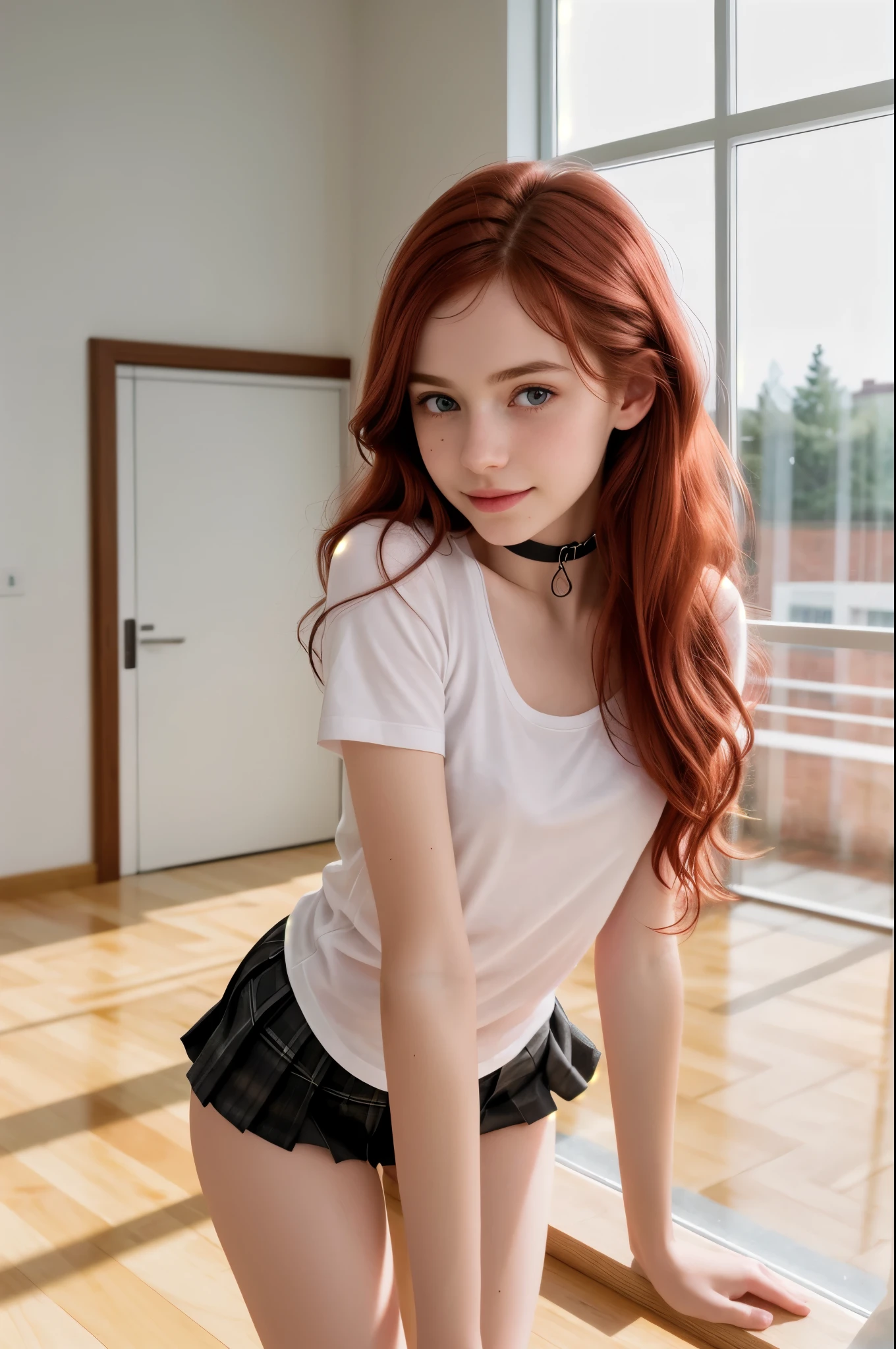  RAW photo,(o skinny redhead girl:1.2),  wearing a sheer school shirt and pleated skirt, in a classroom, (best quality, high quality), hyperdetailed, highres, high detail, intricate detail, HDR, 8k, sharp focus, detailed background, perfect hands, realistic eyes, detailed skin texture, (blush:0.5), (goosebumps:0.5), subsurface scattering, 16K, ultra high res. photorealistic, HDR, UHD, DSLR, RAW, cinematic lighting, dimples on the cheeks ,  blush,  graphic eyeliner , rouge, ( lipstick:0.6), (choker:0.9),  Realistic skin texture ,  (red:0.8),  warm lighting , cozy atmosphere, instagram style,  Not suitable for work , naive, shy, , delgado, fit,  beautiful, beautiful, pale skin, Photorealistic, skinny bodie, smiling happily, very long red hair with hair ties. (toned arms:1.1) Beautiful detailed face, small tit, thin girls, thin girl, skinny girl.
