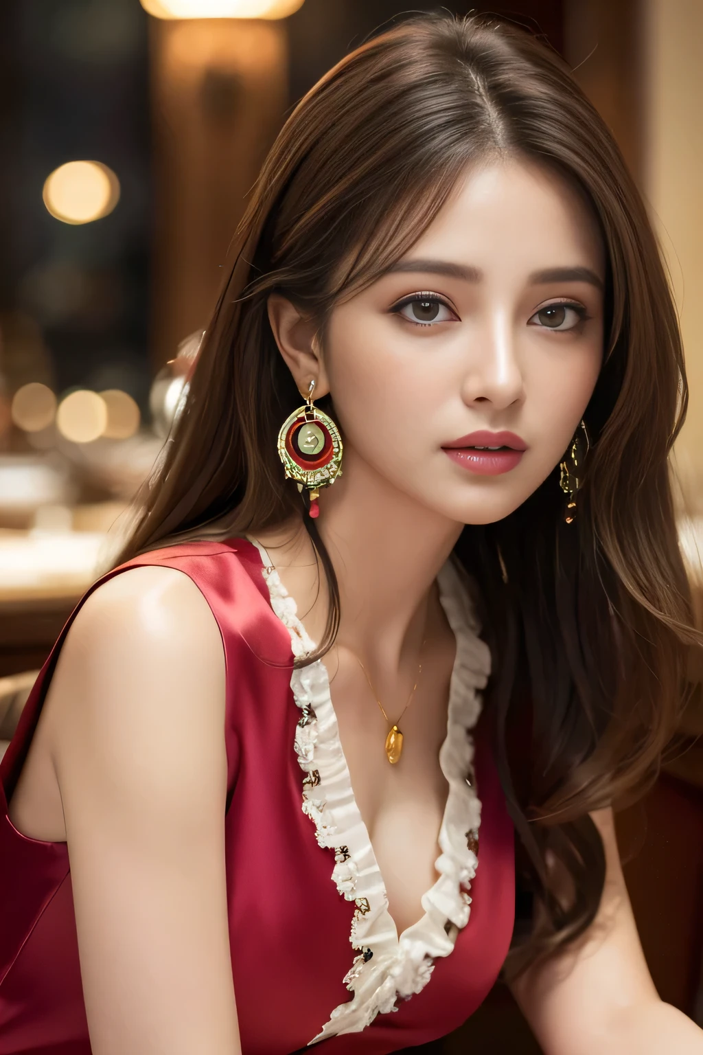 masterpiece, Highest quality, Realistic, Very detailed, Finer details, High resolution, 8k wallpaper, One beautiful woman, Wear a classy colorful silk shirt, In a great restaurant, At night, Light brown messy hair, Perfect dynamic composition, Beautiful and beautiful eyes、Big earrings、chest、Sleeveless shirt、
