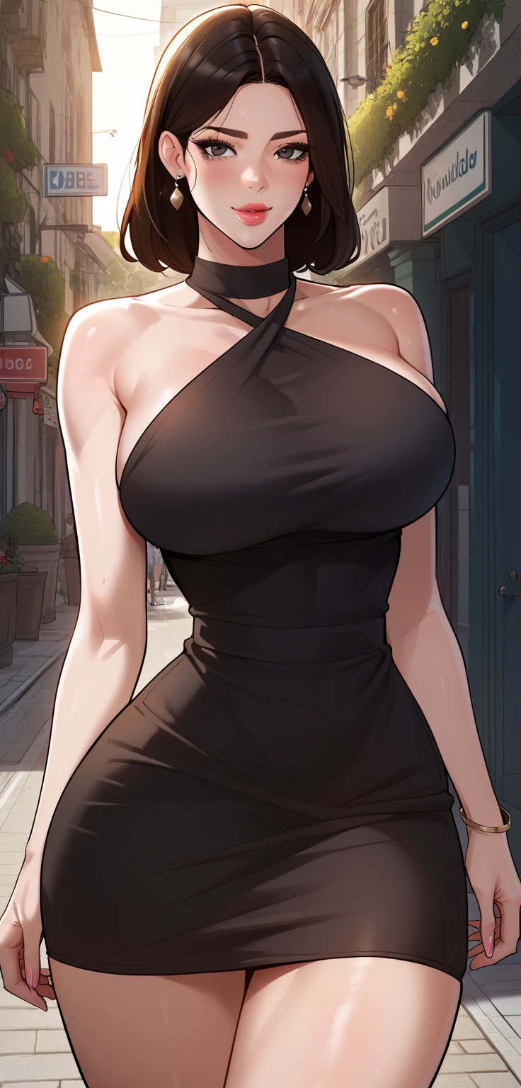 1girl, solo, {45 years old, (milf:1.3), black hair, (tomboy:1.2), (very short hair:1.3), side shave, asymmetrical hair, red eyes, small breasts}, upskirt, (underboob:1.3), volumetric lighting, night, smirk