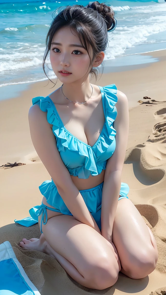 A 20-year-old as cute as an idol、Smiling Kindly、Medium size chest、Cleavage、((Running on the beach))、(Beautiful beach sand)、Daytime、Full body portrait、RAW Photos、Genuine、realism、live-action、RAW Photoasterpiece、Highest quality