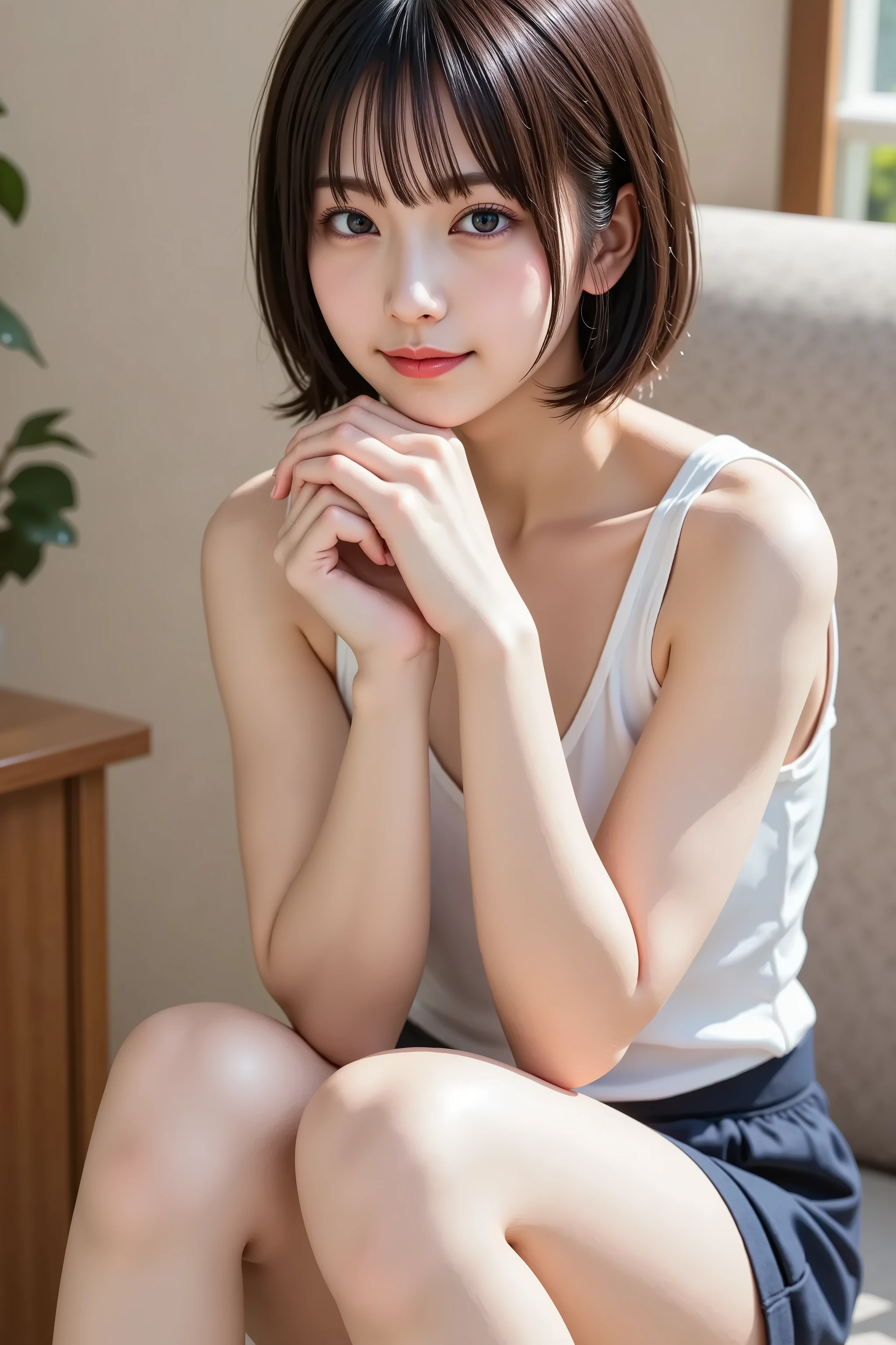 One girl,summer,Inside the room,sofa,Sit down,Black Hair,Fluffy short hair,Navy Blue,Tank top,skirt,Chest line,Small swelling in the chest,A big smile,6th grade elementary school,Innocent,front,Look here,transparent, Soft Light,(masterpiece, Highest quality), Structure of the film, Like a movie
