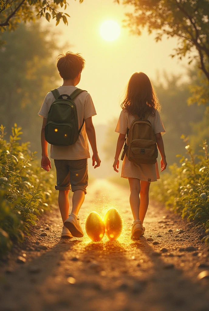 Two friends were walking down the road when suddenly they saw two golden eggs lying in front of them.