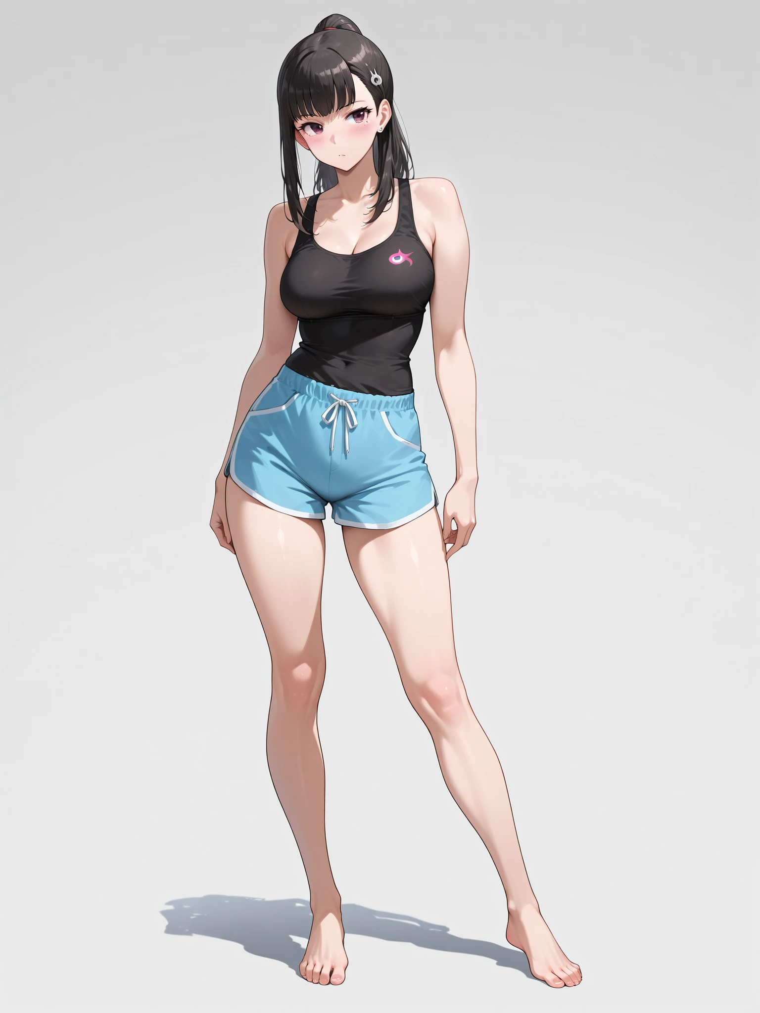 ((8K resolution))、((highest quality))、((masterpiece))、((Very detailed))、 (Anatomically correct)、((theme、whole body:1.1)), one person、girl、blush、Disgusting、(A slim but muscular body,Toned arms, Long, slender legs,),((hair:Short Bob、Inner Color)),(Grey sports bra、gray sports shorts)
