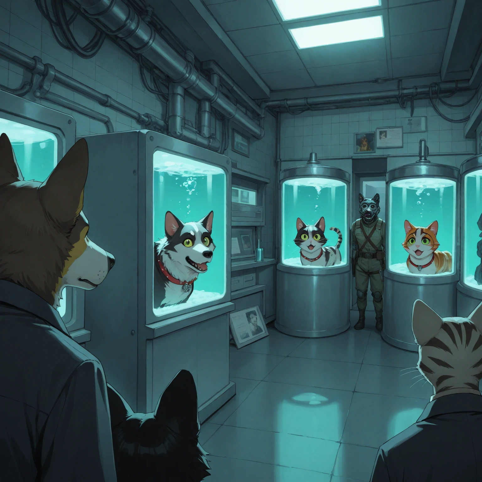 1dog, 1goat, 1cat, no human, cat meme and doge, commander shiba (doge), commander shiva communicating instructions, vice commander goat, vice captain huh cat, people in the chair, very large science fiction computer room,